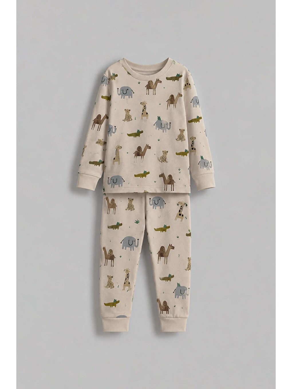 Ekru Erkek Çocuk %100 Pamuk Süprem Kumaş Uzun Kollu Mevsimlik Pijama Takımı