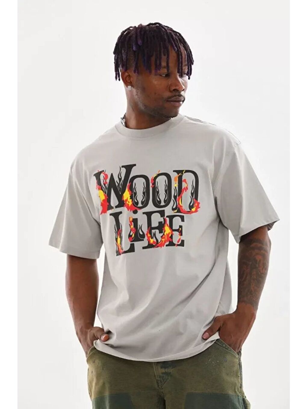 Unisex Baskılı Oversize T-Shirt - Gri