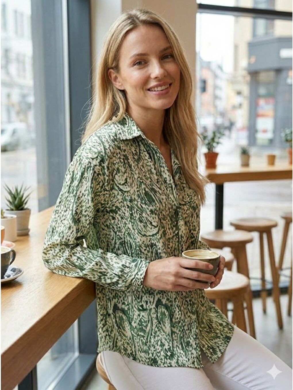 Yeşil Kadın Uzun Kollu Dalgalı Desen Baskılı Gömlek-1