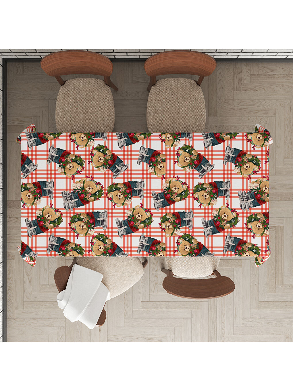 Karışık Yılbaşı Temalı Teddy Desenli Dijital Baskılı Masa Örtüsü-1