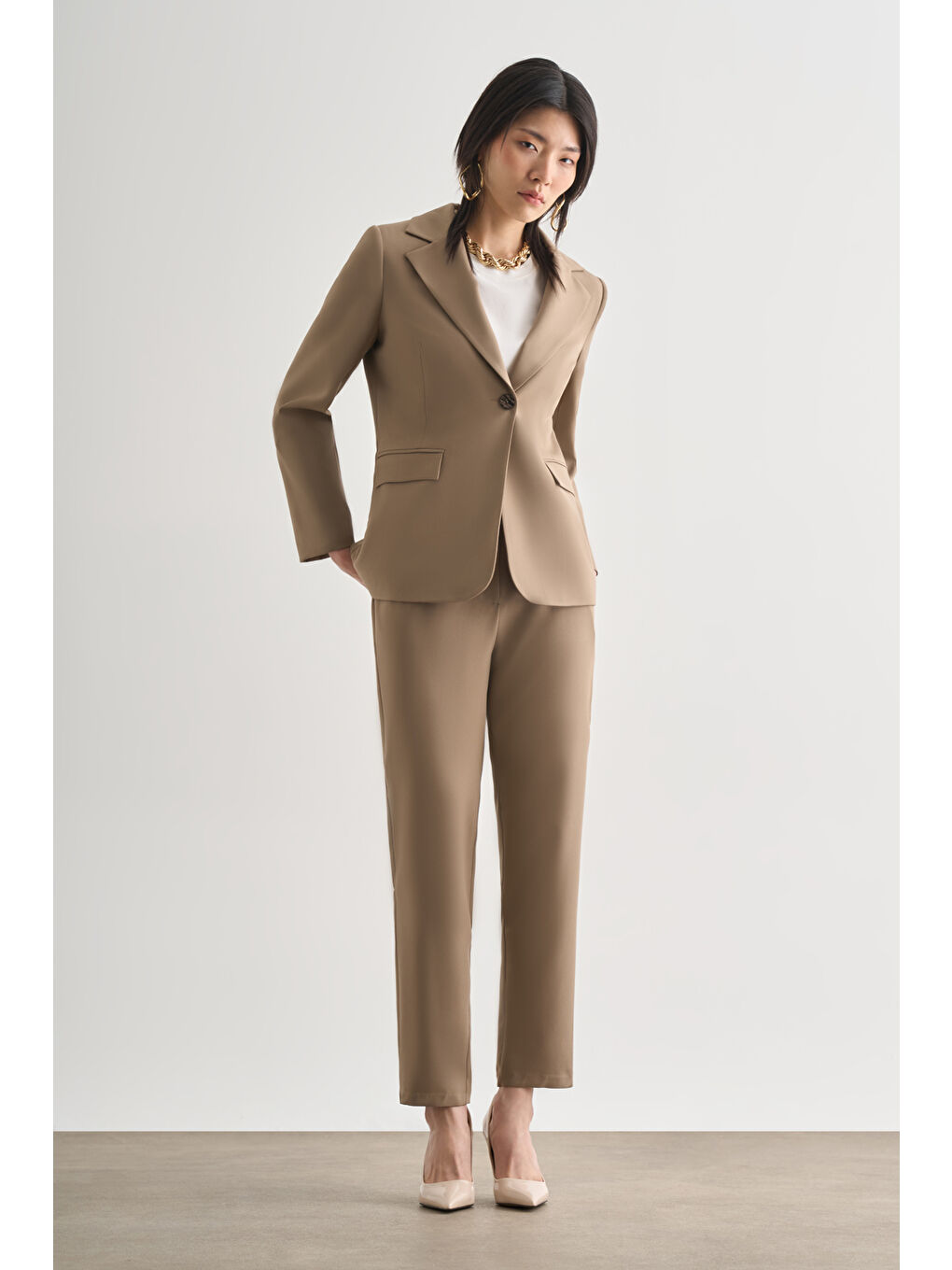 Bej Tek Düğme Klasik Blazer Ceket