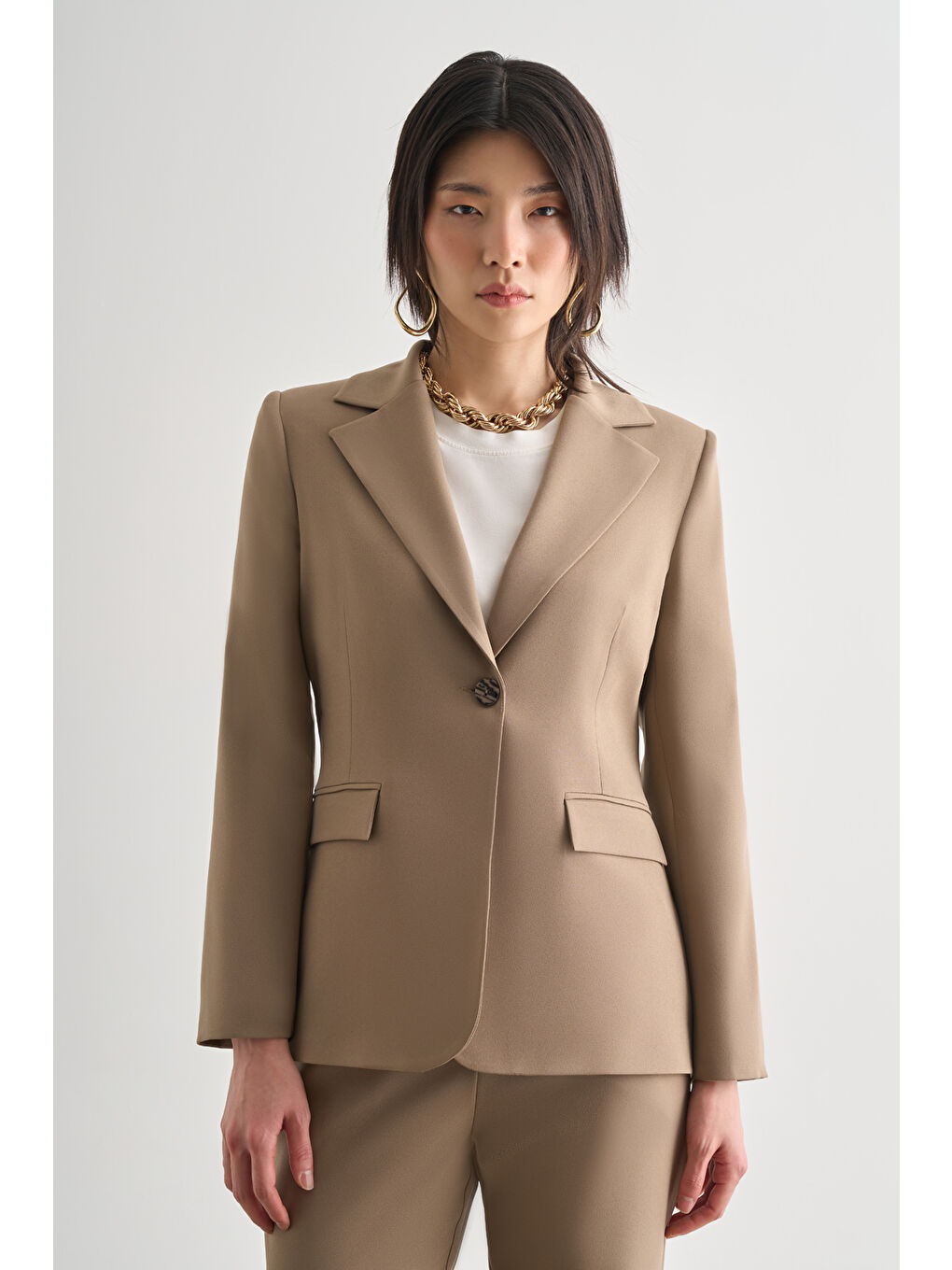 Bej Tek Düğme Klasik Blazer Ceket-1