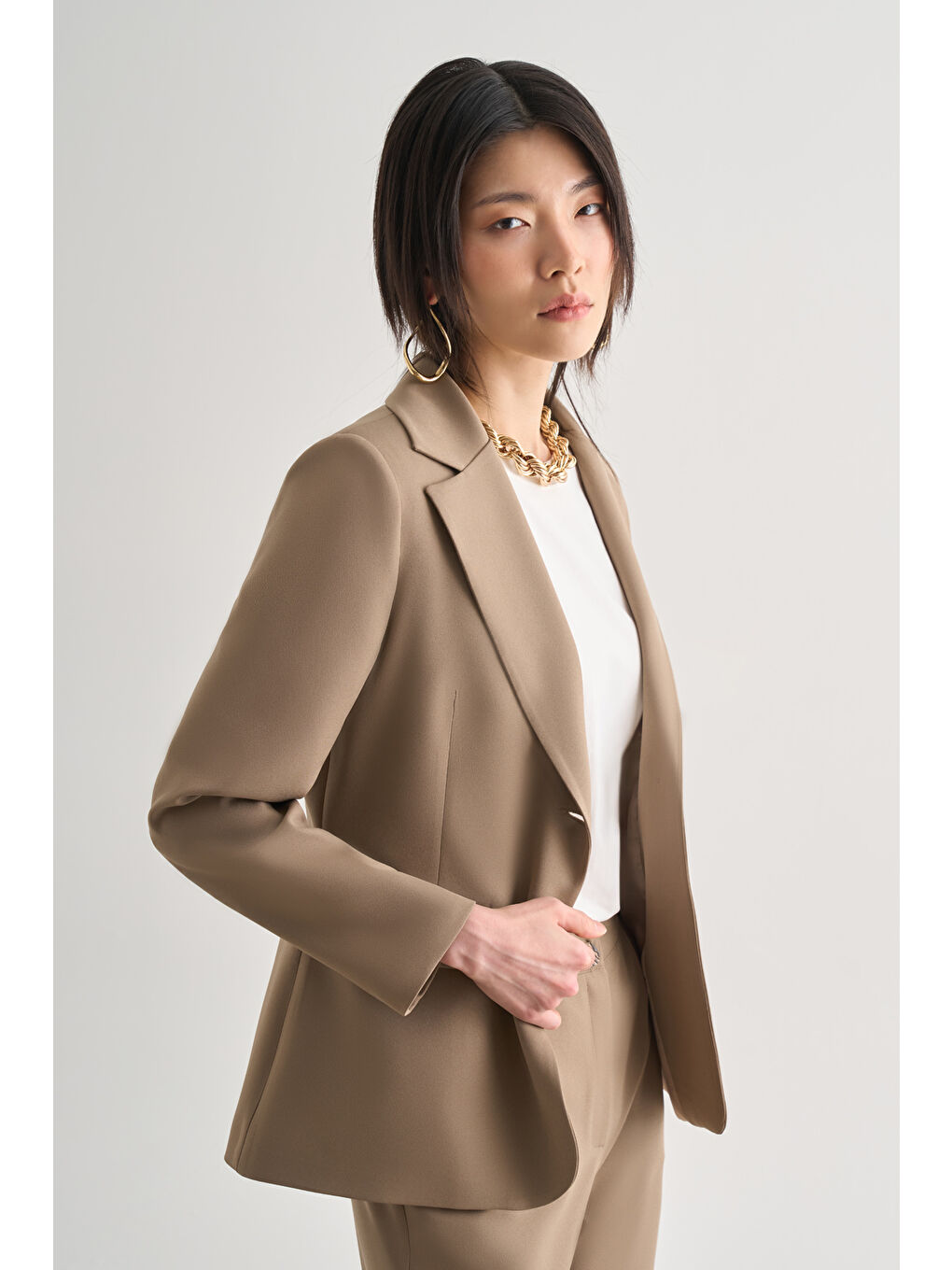 Bej Tek Düğme Klasik Blazer Ceket-2