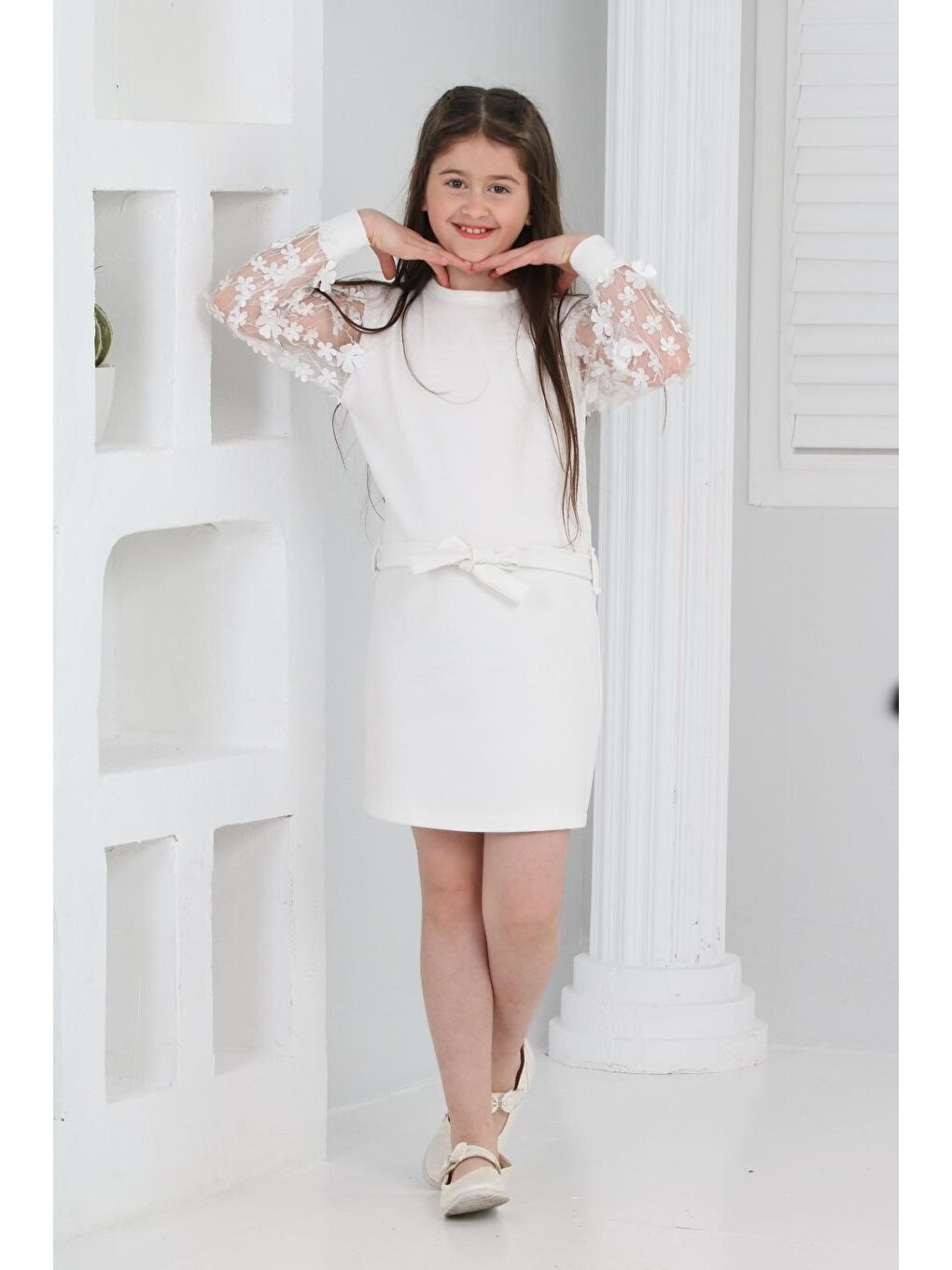 Beyaz Kız Çocuk Daisy Krep Elbise MNK0606