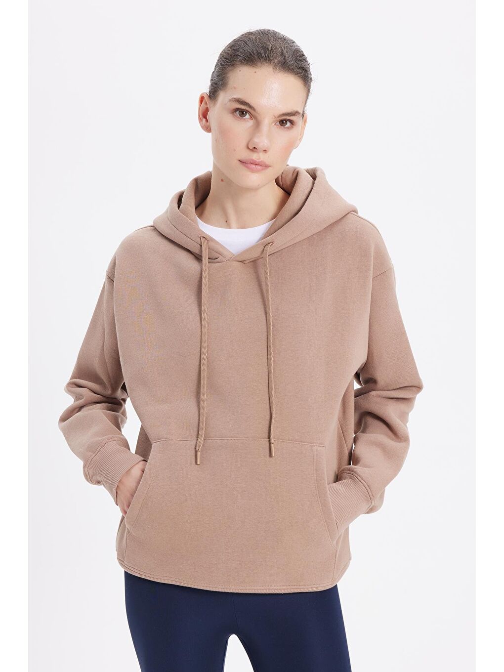 Bej Kadın Oversize Geniş Kesim Pamuklu Yumuşak Dokulu İçi Polarlı Basic Vizon Kapüşonlu Sweatshirt