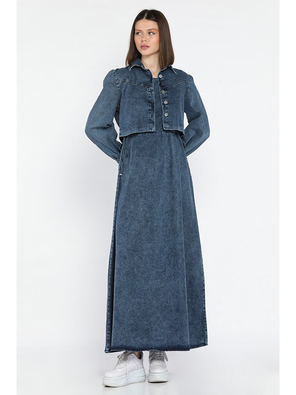 Mavi Kadın Bel Bağlamalı Jean Elbise Ceket İkili Takım-1