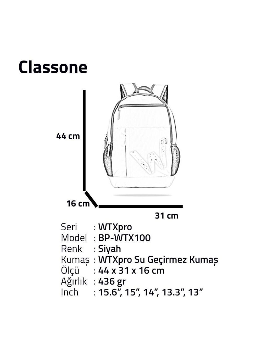 BP-WTX100 Energy Serisi 15.6"Su Geçirmez Kumaş Okul Sırt Çantası Siyah-6