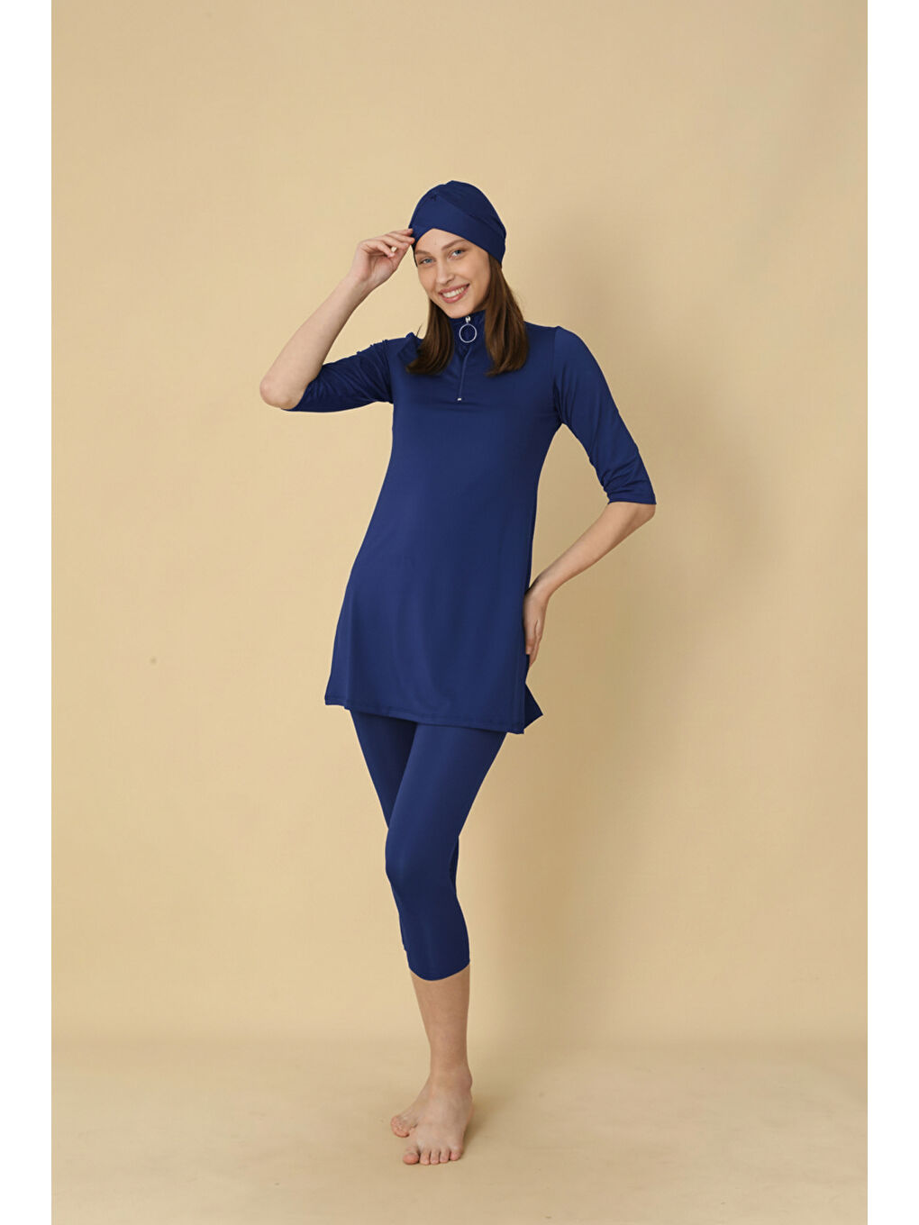 Lacivert Yarım Fermuarlı Truvakar Kol Yarı Kapalı Tesettür Mayo 6110-1