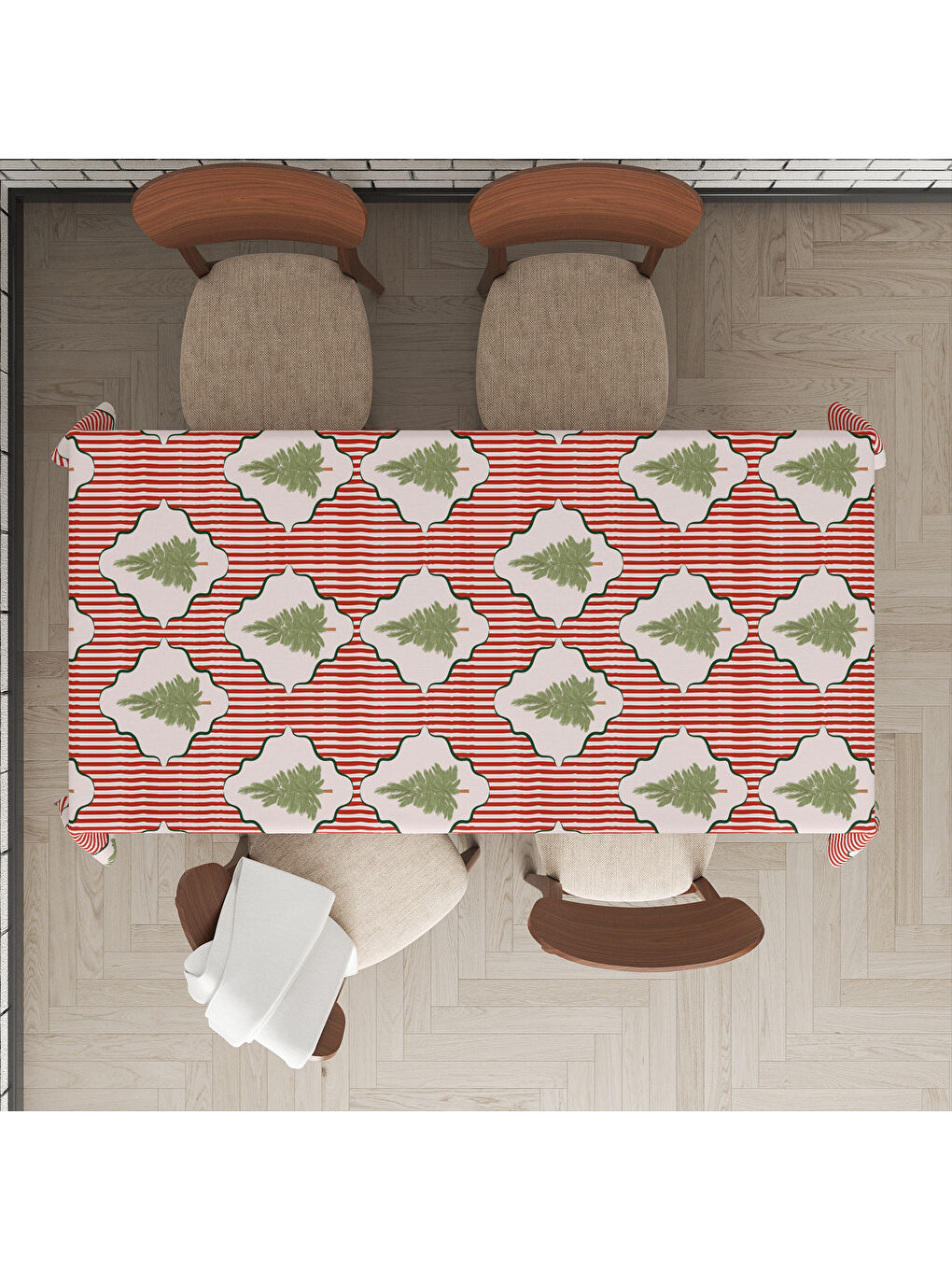 Karışık Yılbaşı Temalı Çam Ağacı Desenli Dijital Baskılı Masa Örtüsü-1