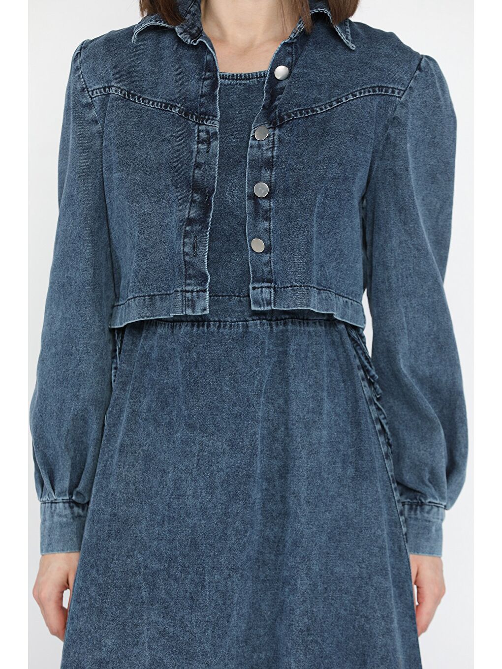 Mavi Kadın Bel Bağlamalı Jean Elbise Ceket İkili Takım-3