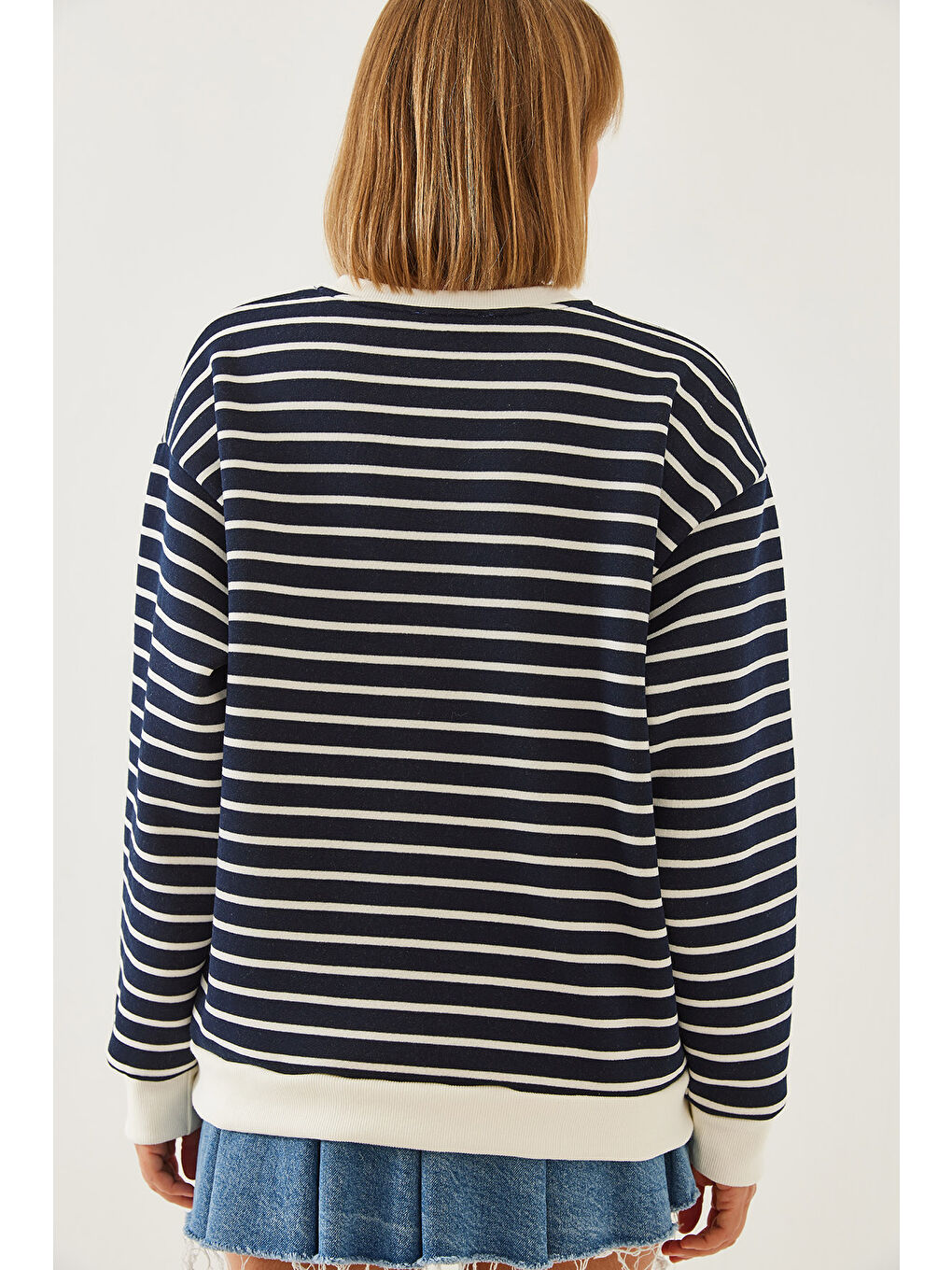 Lacivert Kadın Üç İplik Şardonlu Çizgili Sweatshirt-2