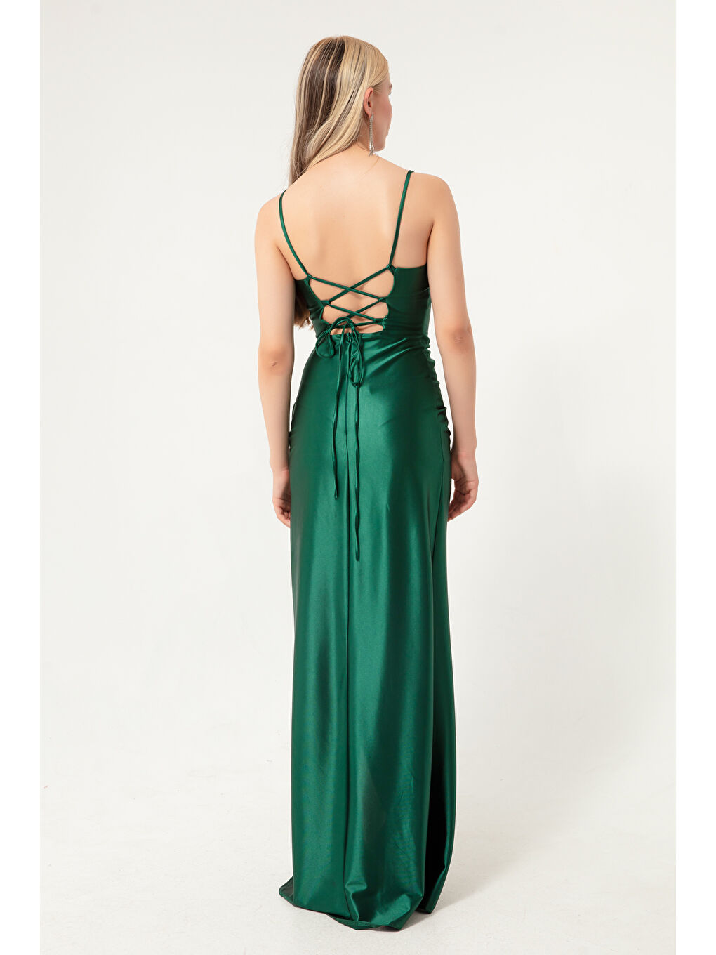 Kadın Zümrüt Yeşili Balen Korse Detaylı Yırtmaçlı Uzun Abiye Elbise-4