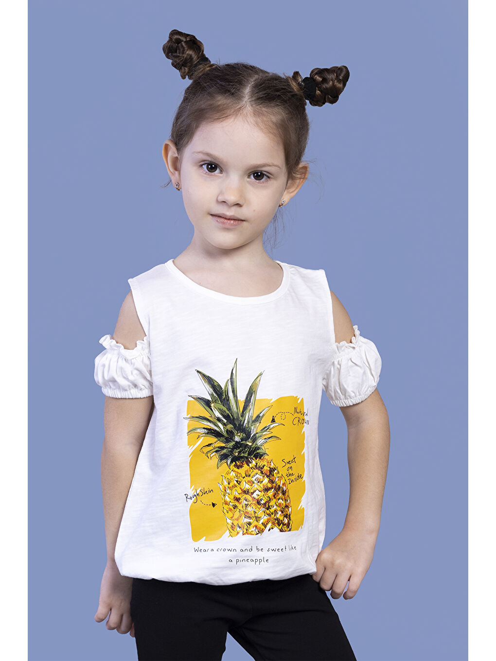 Ekru Kız Çocuk Kolları Detaylı  Ananas Baskılı Tişört