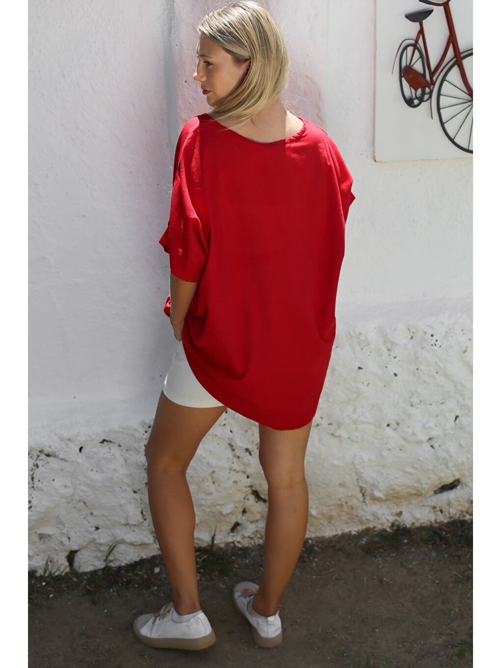 Kırmızı Havuz Yaka Kısa Kol Nakışlı Dokuma Casual Pamuklu Bluz-7