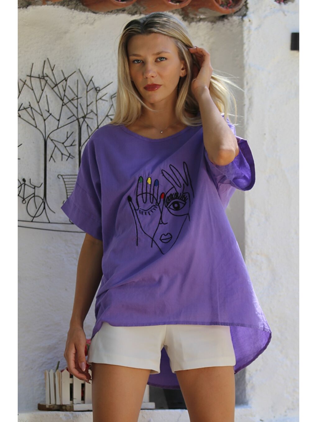 Açık Mor Havuz Yaka Kısa Kol Nakışlı Dokuma Casual Pamuklu Bluz-4