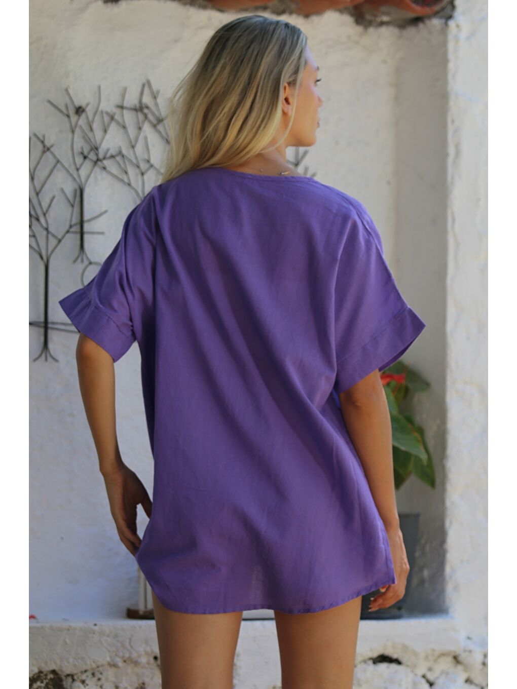 Açık Mor Havuz Yaka Kısa Kol Nakışlı Dokuma Casual Pamuklu Bluz-5