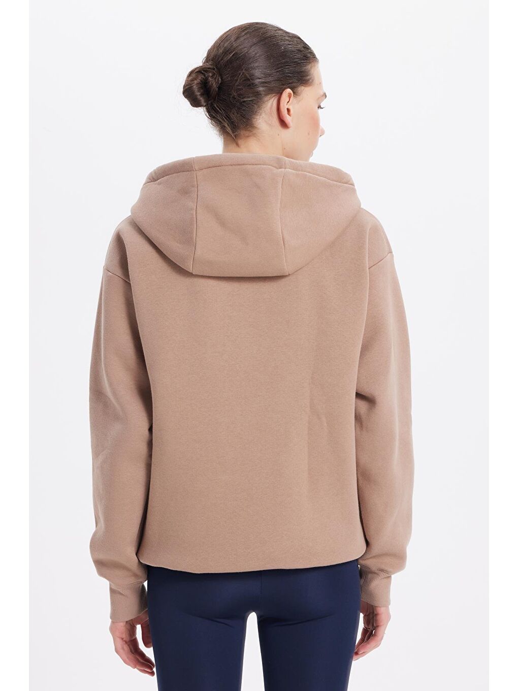 Bej Kadın Oversize Geniş Kesim Pamuklu Yumuşak Dokulu İçi Polarlı Basic Vizon Kapüşonlu Sweatshirt-6