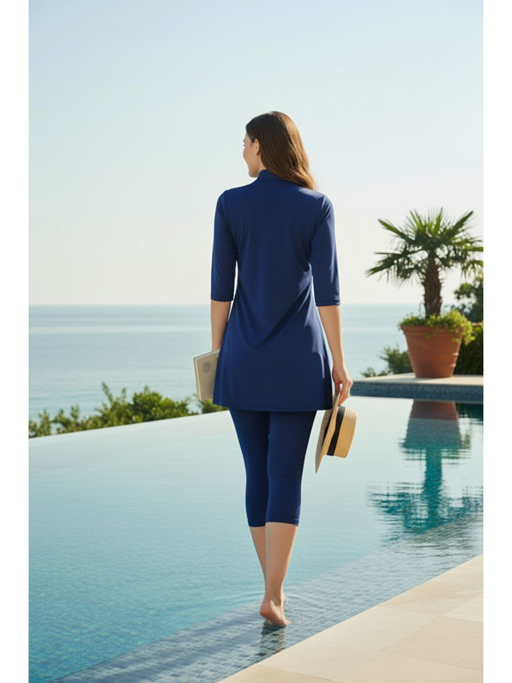 Lacivert Yarım Fermuarlı Truvakar Kol Yarı Kapalı Tesettür Mayo 6110-4