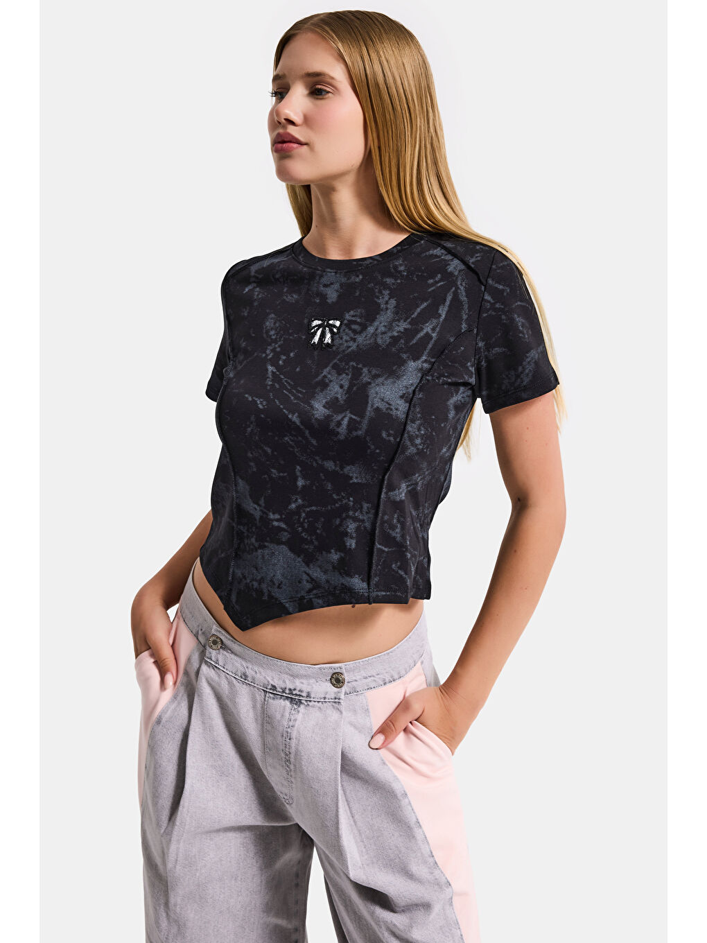 Kadın Siyah w5 Özel Kumaş Elastan Crop Top-5