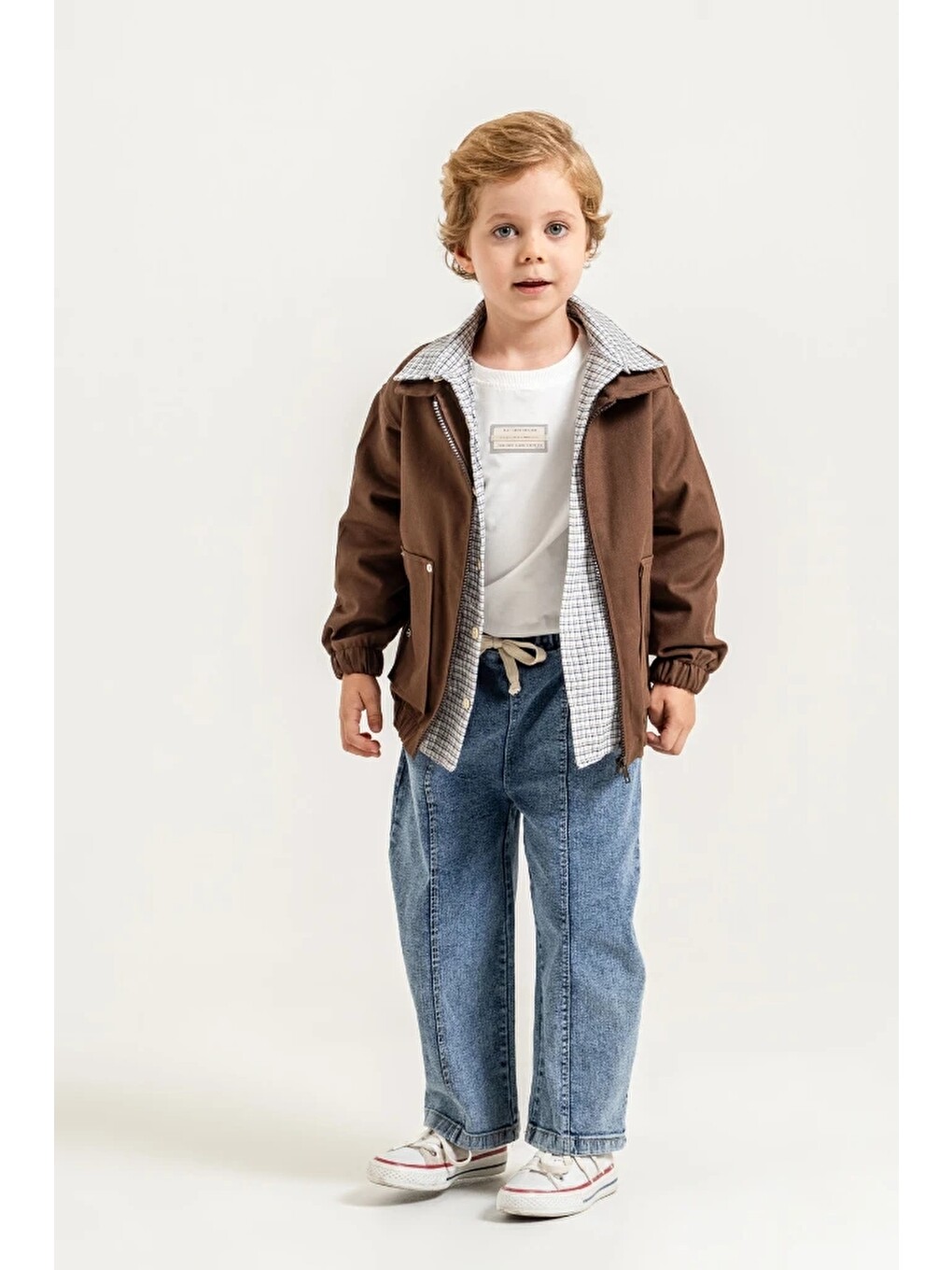 Kahverengi Erkek Çocuk Gabardin Bomber Ceket, Ekose Gömlek, Tişört Ve Jean Pantolon 4’lü Takım 9100-4