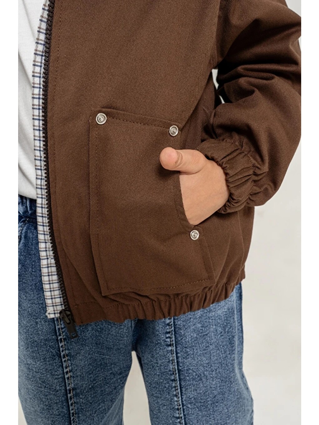 Kahverengi Erkek Çocuk Gabardin Bomber Ceket, Ekose Gömlek, Tişört Ve Jean Pantolon 4’lü Takım 9100-5