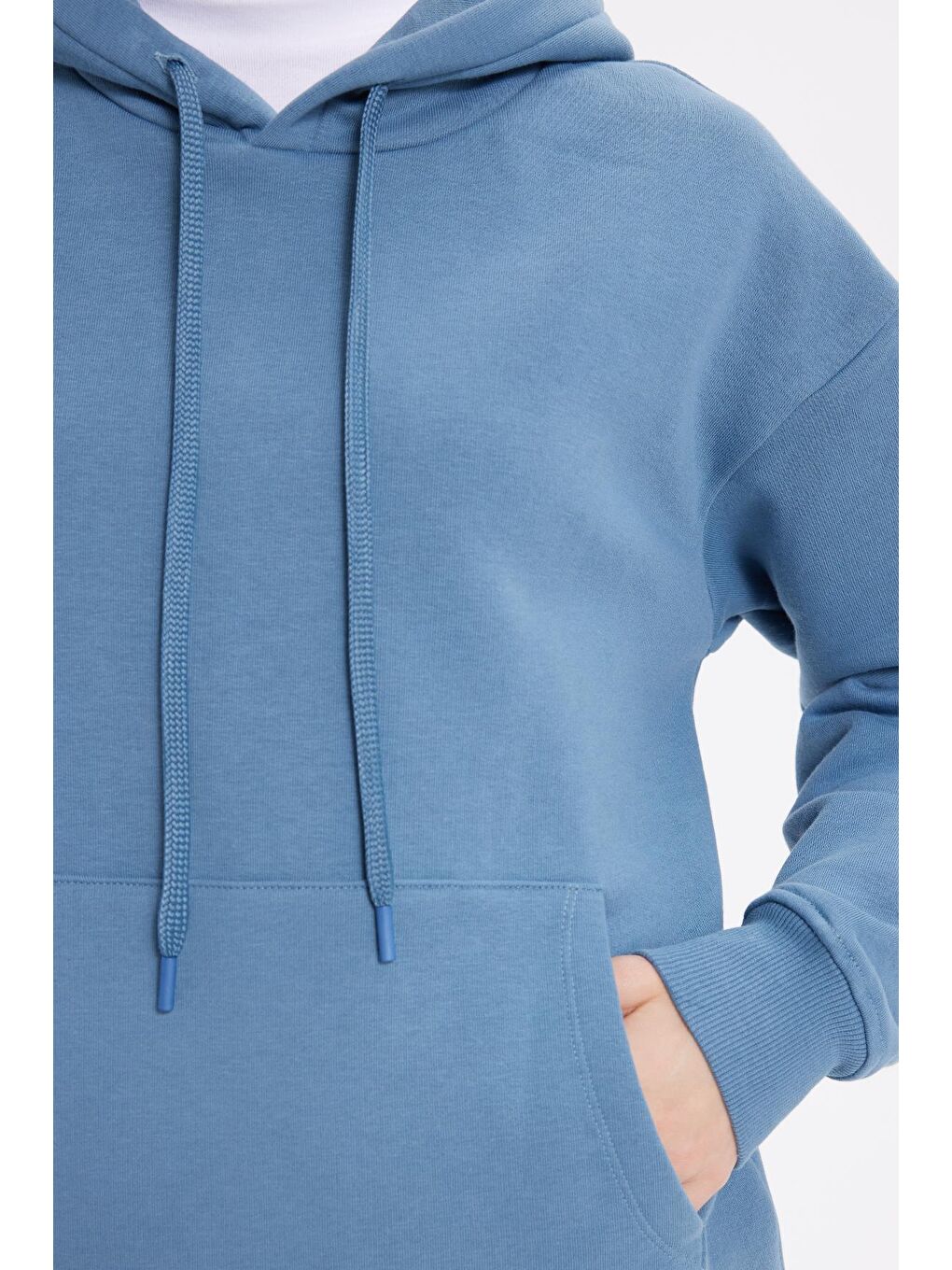 Kadın Oversize Geniş Kesim Pamuklu Yumuşak Dokulu İçi Polarlı Basic İndigo Kapüşonlu Sweatshirt-2