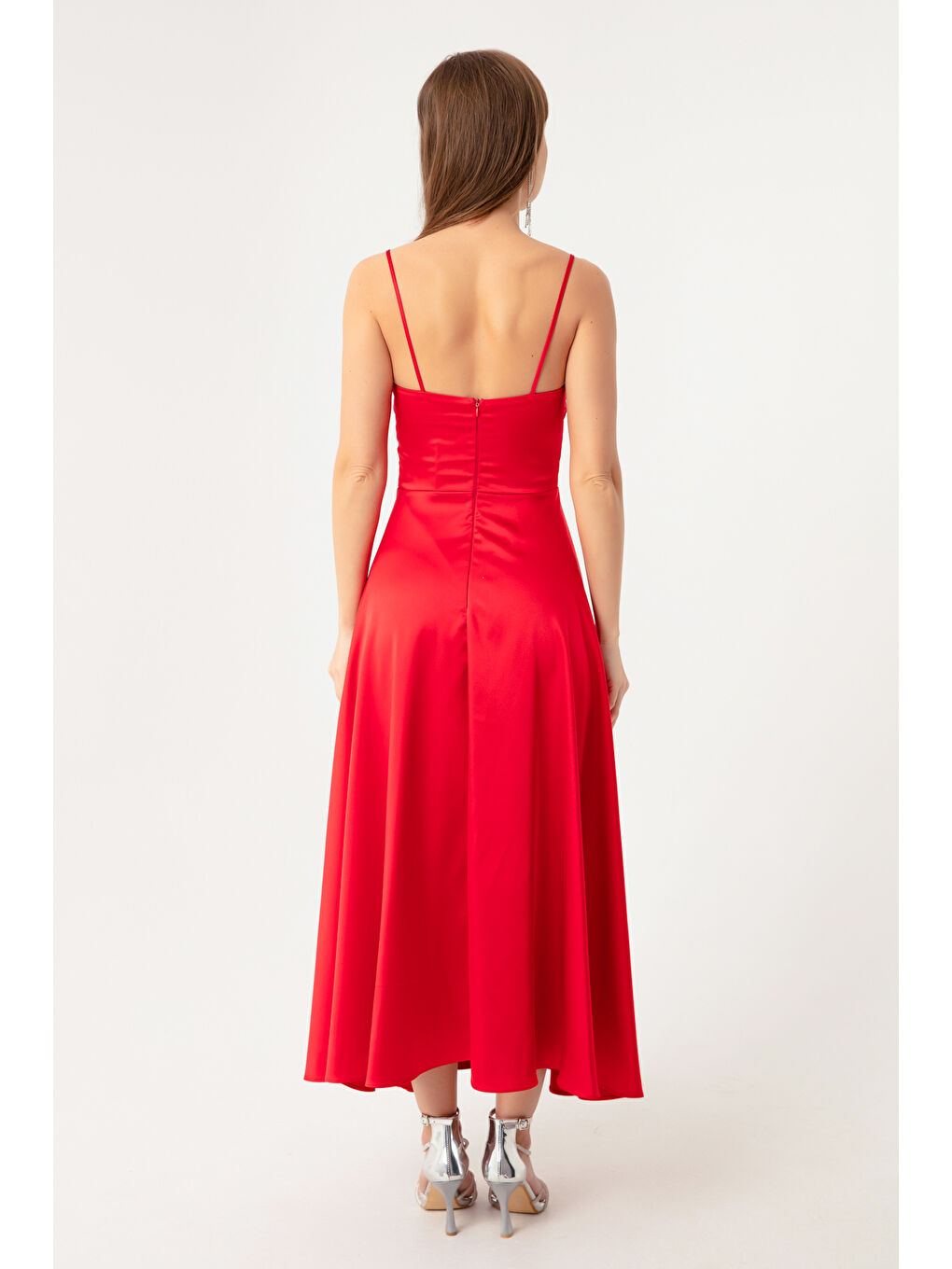 Kadın Kırmızı İp Askılı Bel Kemerli Saten Midi Abiye & Mezuniyet Elbisesi-4