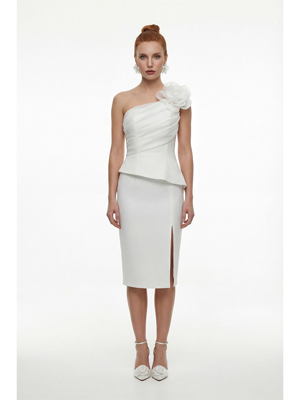 Kadın Beyaz Çiçek Detaylı Midi Söz Nişan Nikah Abiye Elbise