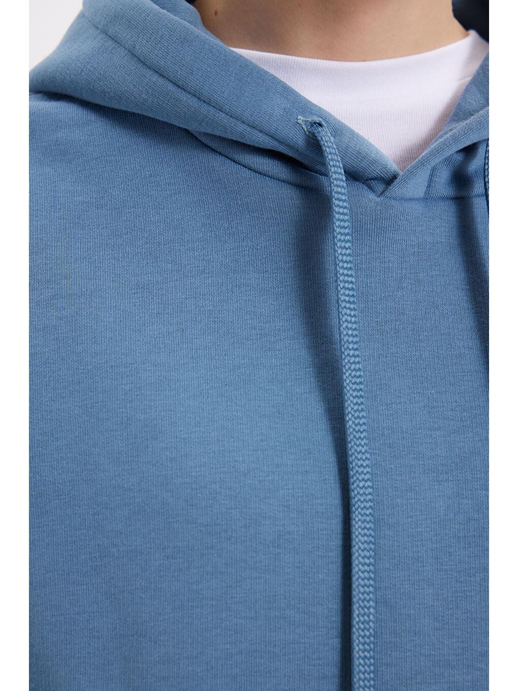 Kadın Oversize Geniş Kesim Pamuklu Yumuşak Dokulu İçi Polarlı Basic İndigo Kapüşonlu Sweatshirt-5