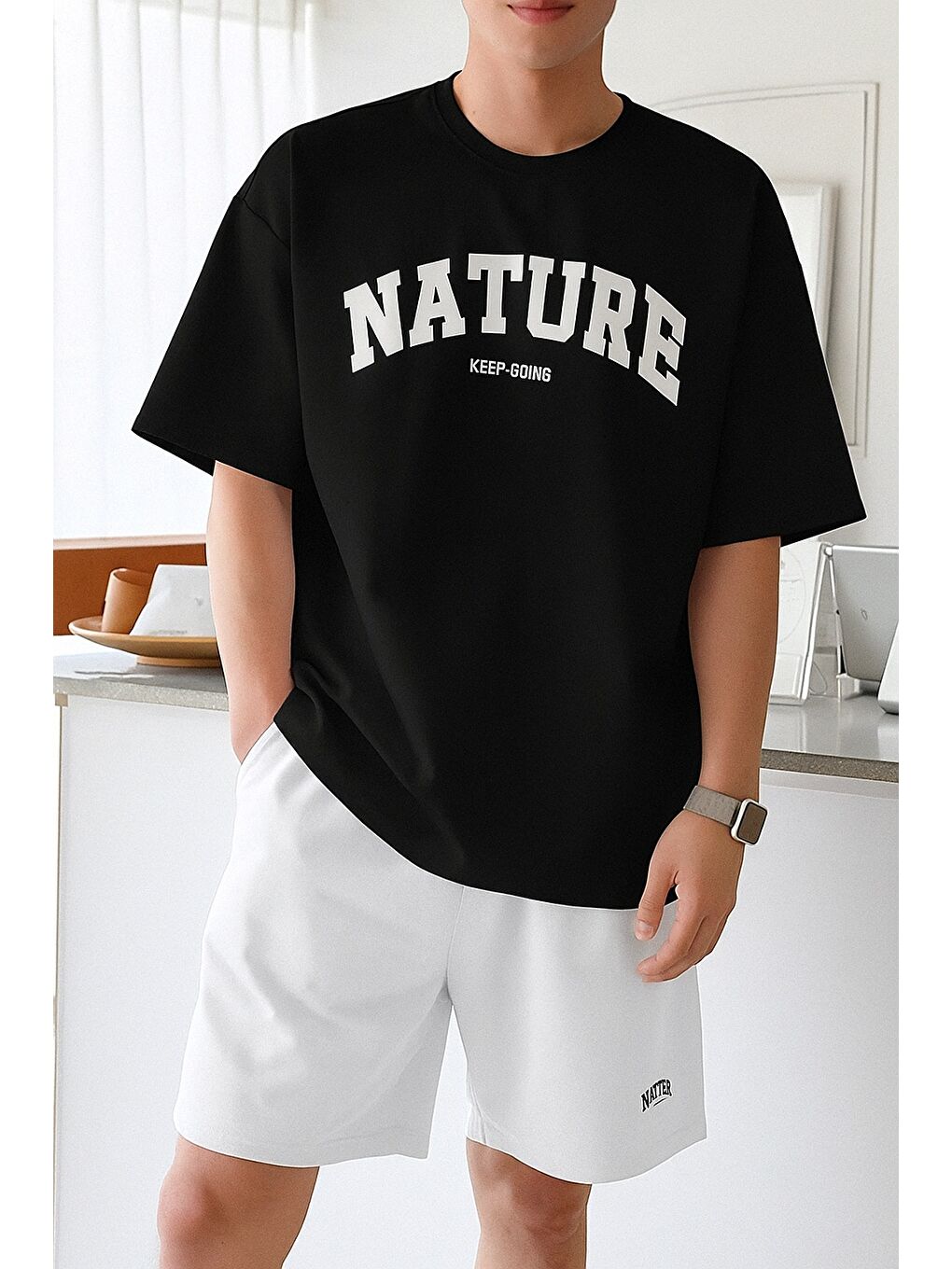 Siyah Erkek Tişört Baskılı Oversize T-shirt Pamuklu Tişört NATURE-OVERSİZE