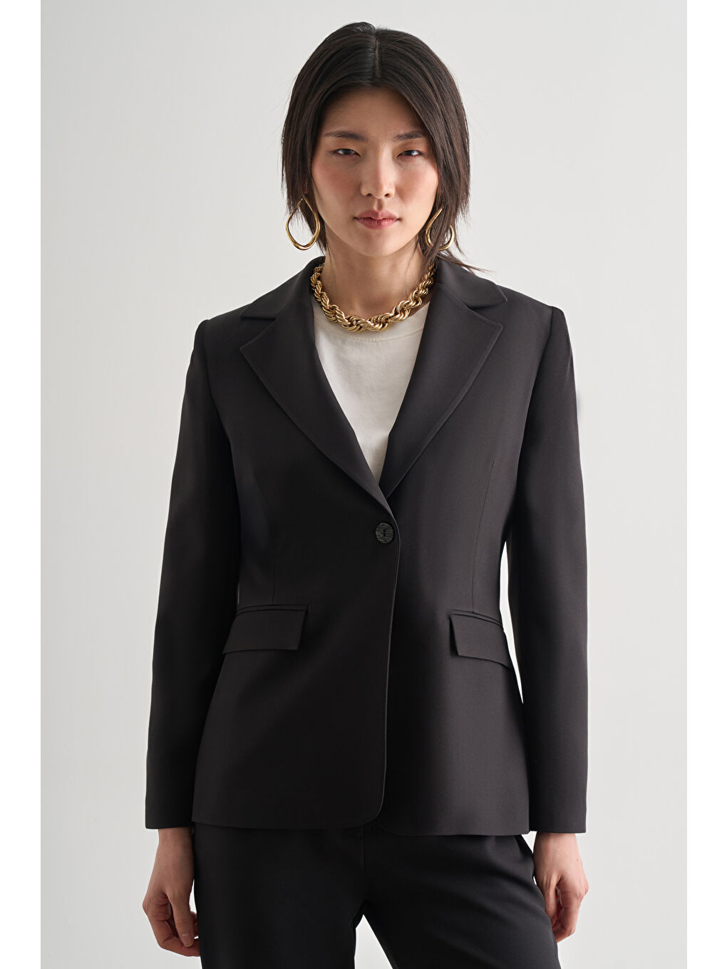 Siyah Tek Düğme Klasik Blazer Ceket-1