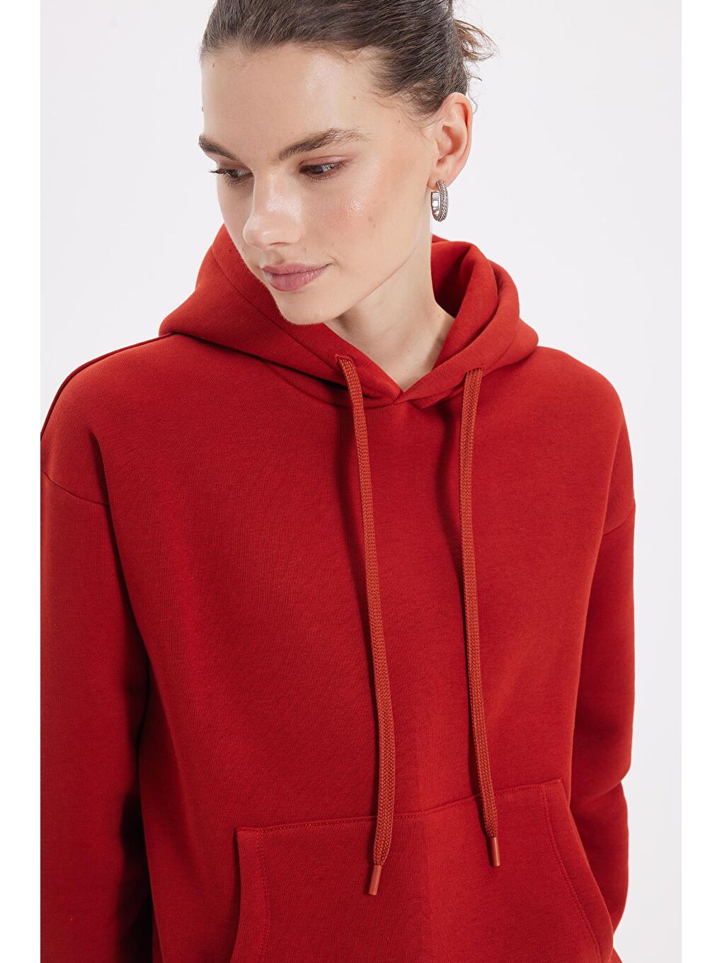 Kahverengi Kadın Oversize Geniş Kesim Pamuklu Yumuşak Dokulu İçi Polarlı Basic Kiremit Kapüşonlu Sweatshirt