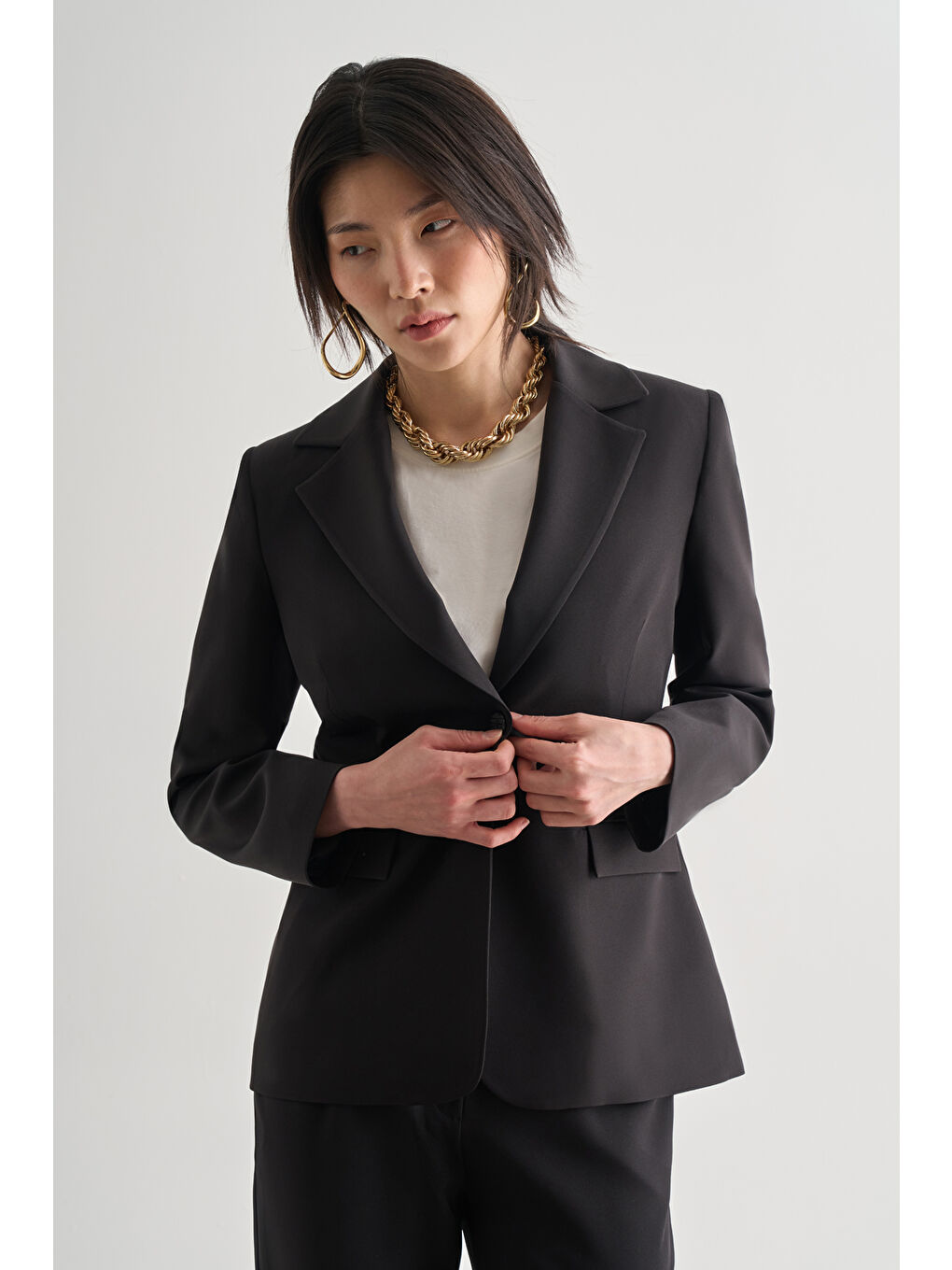 Siyah Tek Düğme Klasik Blazer Ceket-2