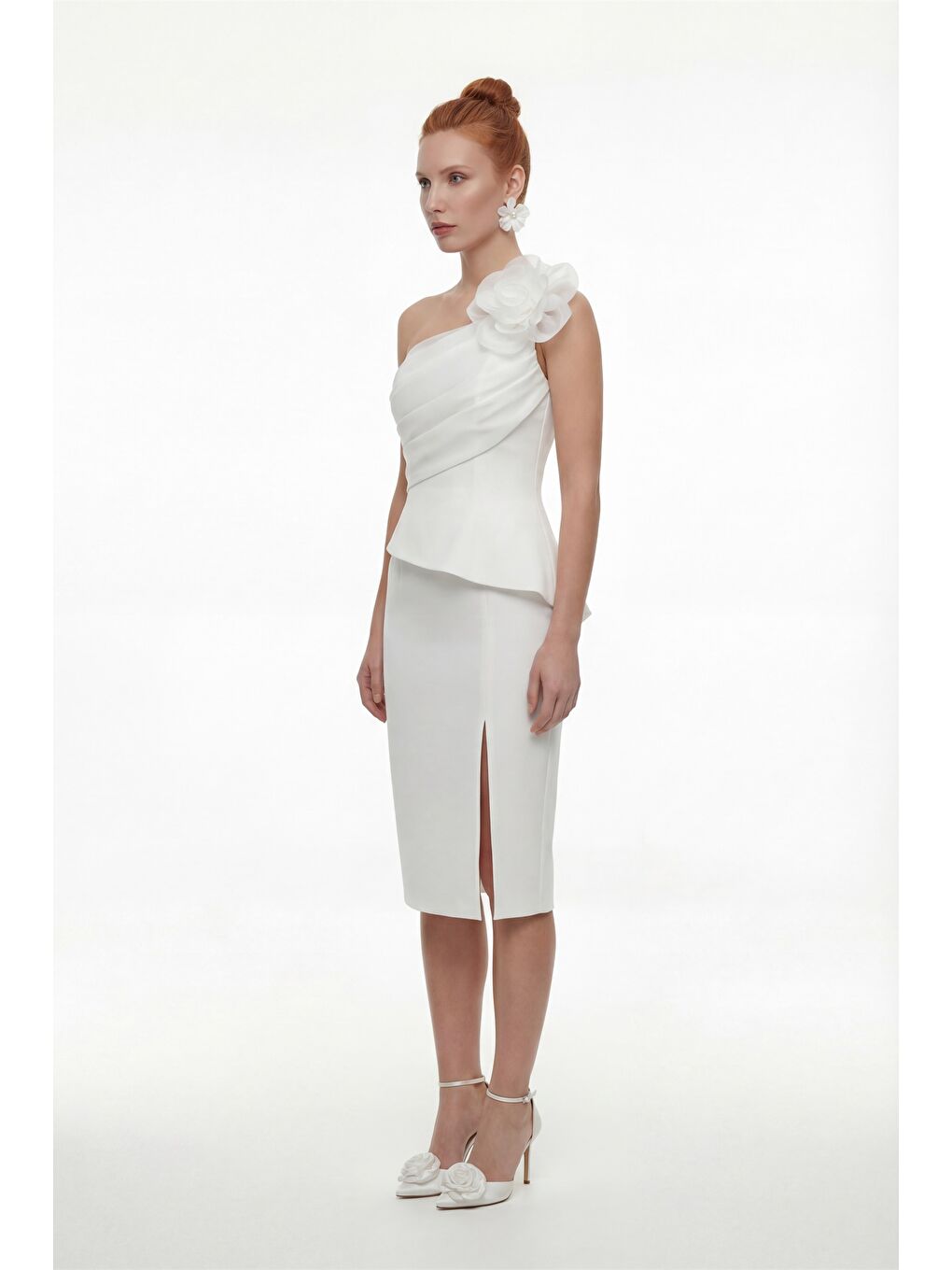 Kadın Beyaz Çiçek Detaylı Midi Söz Nişan Nikah Abiye Elbise-1