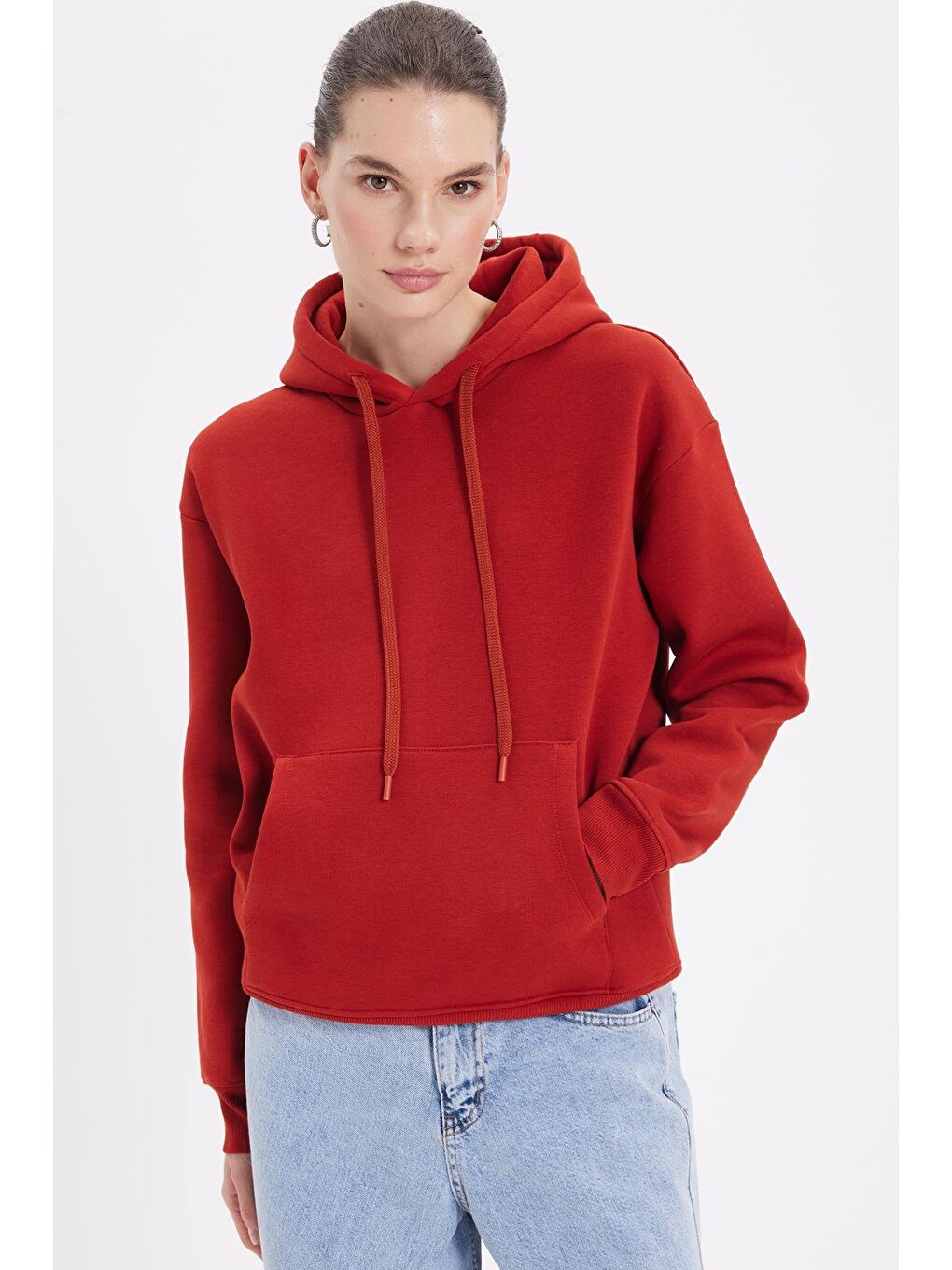 Kahverengi Kadın Oversize Geniş Kesim Pamuklu Yumuşak Dokulu İçi Polarlı Basic Kiremit Kapüşonlu Sweatshirt-1
