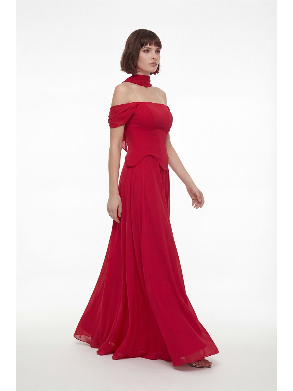 Kadın Kırmızı Dar Kalıp Şal Yaka Straplez Söz Nişan Abiye Elbise-1