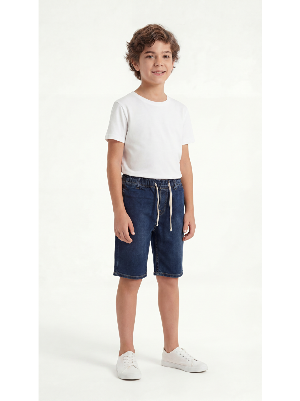 Lacivert Bağcıklı Erkek Çocuk Jean Şort-1
