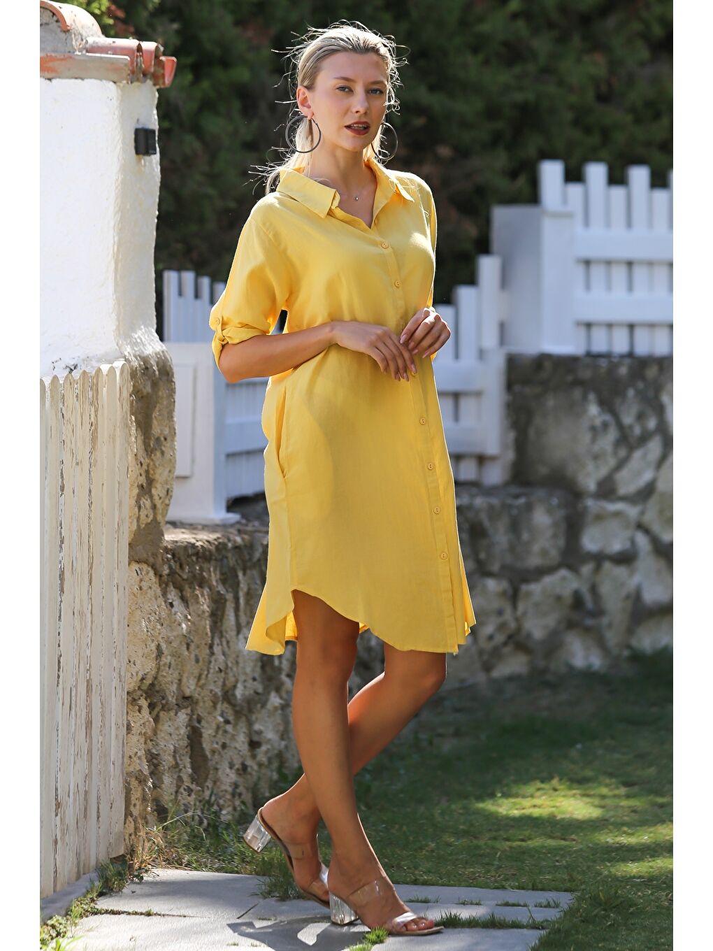 Sarı Gömlek Yaka Düğmeli Uzun Kollu Cepli Tavuskuşu Nakışlı Pamuklu Dokuma Casual Elbise-7