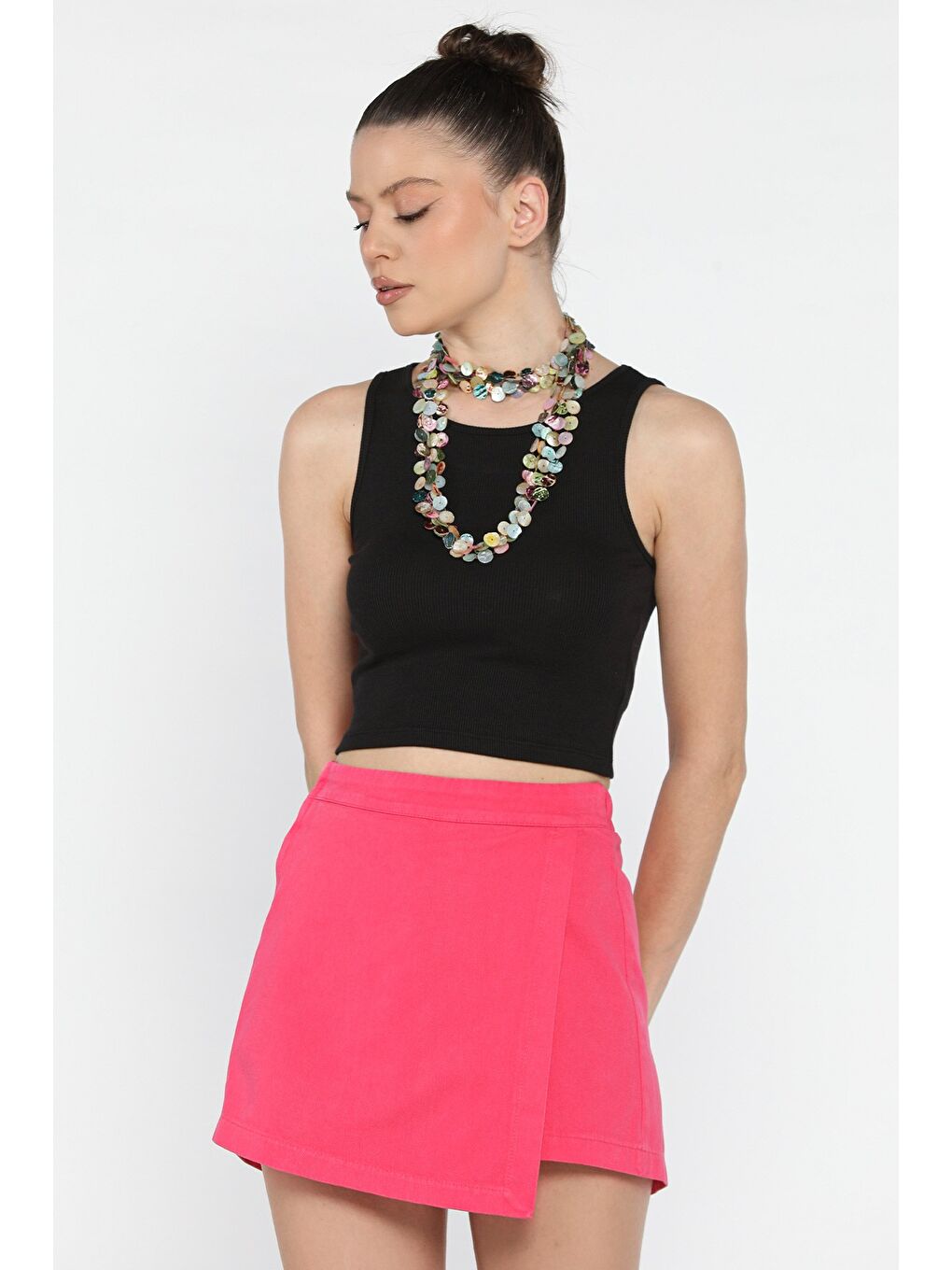 Fuşya Kadın Fermuarlı Bel Lastikli Gabardin Şort Etek-1