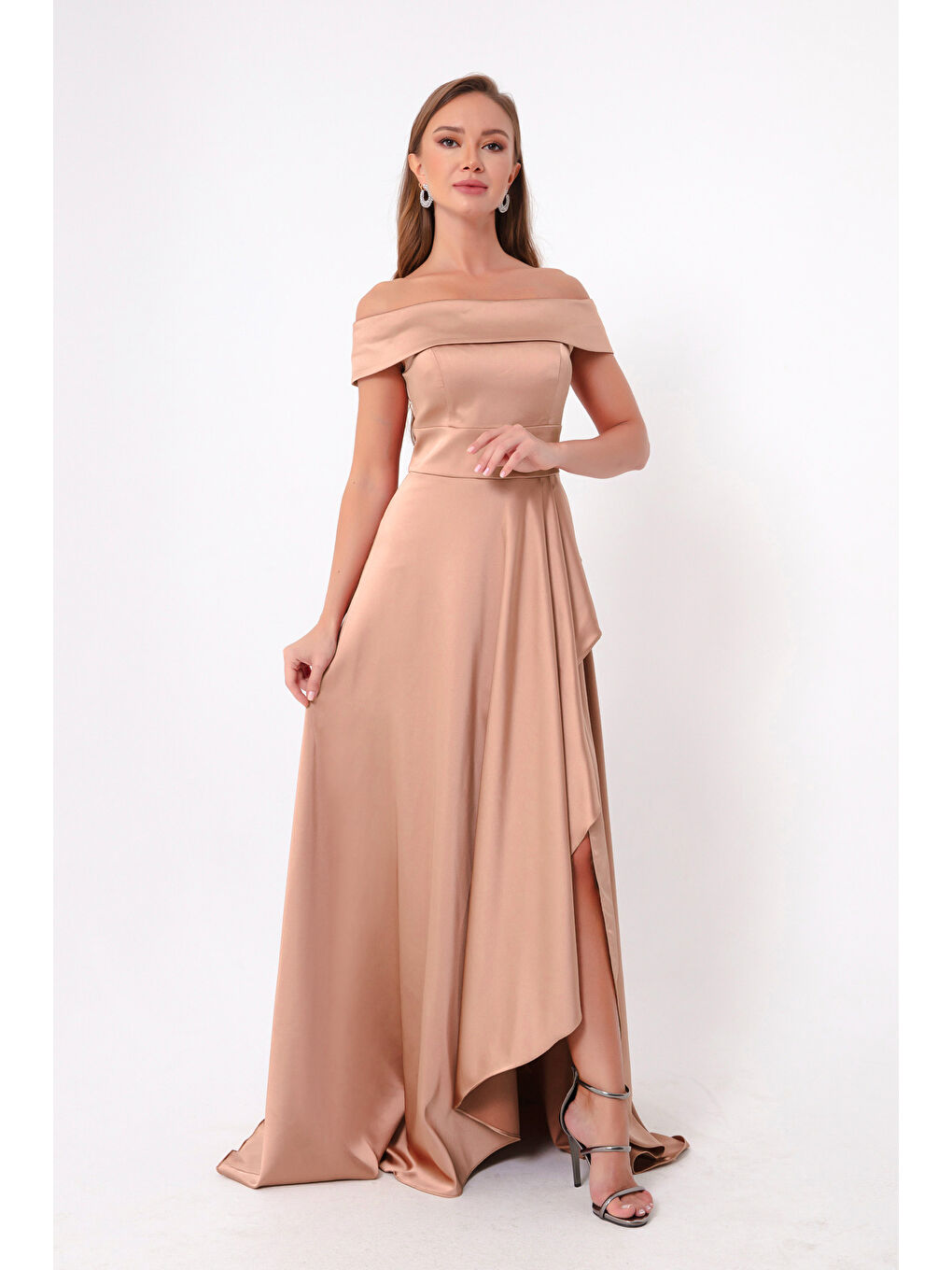 Pembe Kadın Pudra Kayık Yaka Saten Abiye & Mezuniyet Elbisesi