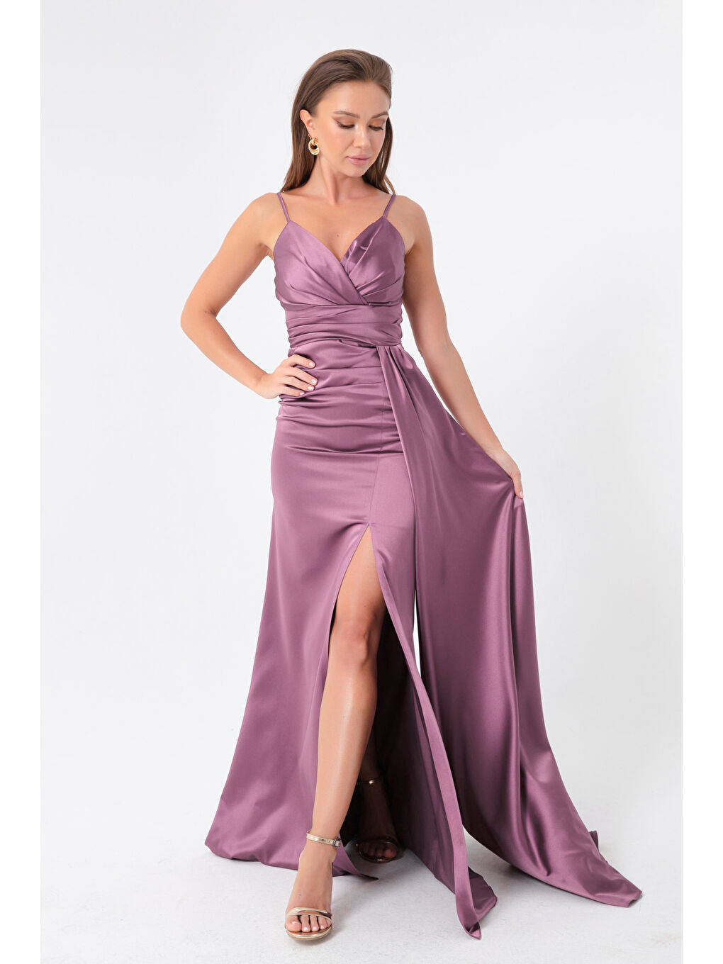 Lila Kadın Lavanta Askılı Uzun Saten Abiye Elbise & Mezuniyet Elbisesi-2