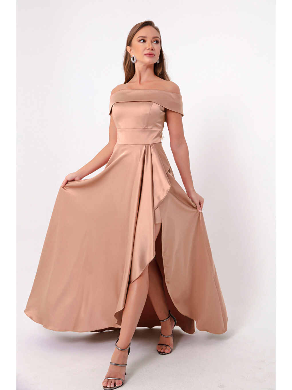 Pembe Kadın Pudra Kayık Yaka Saten Abiye & Mezuniyet Elbisesi-1