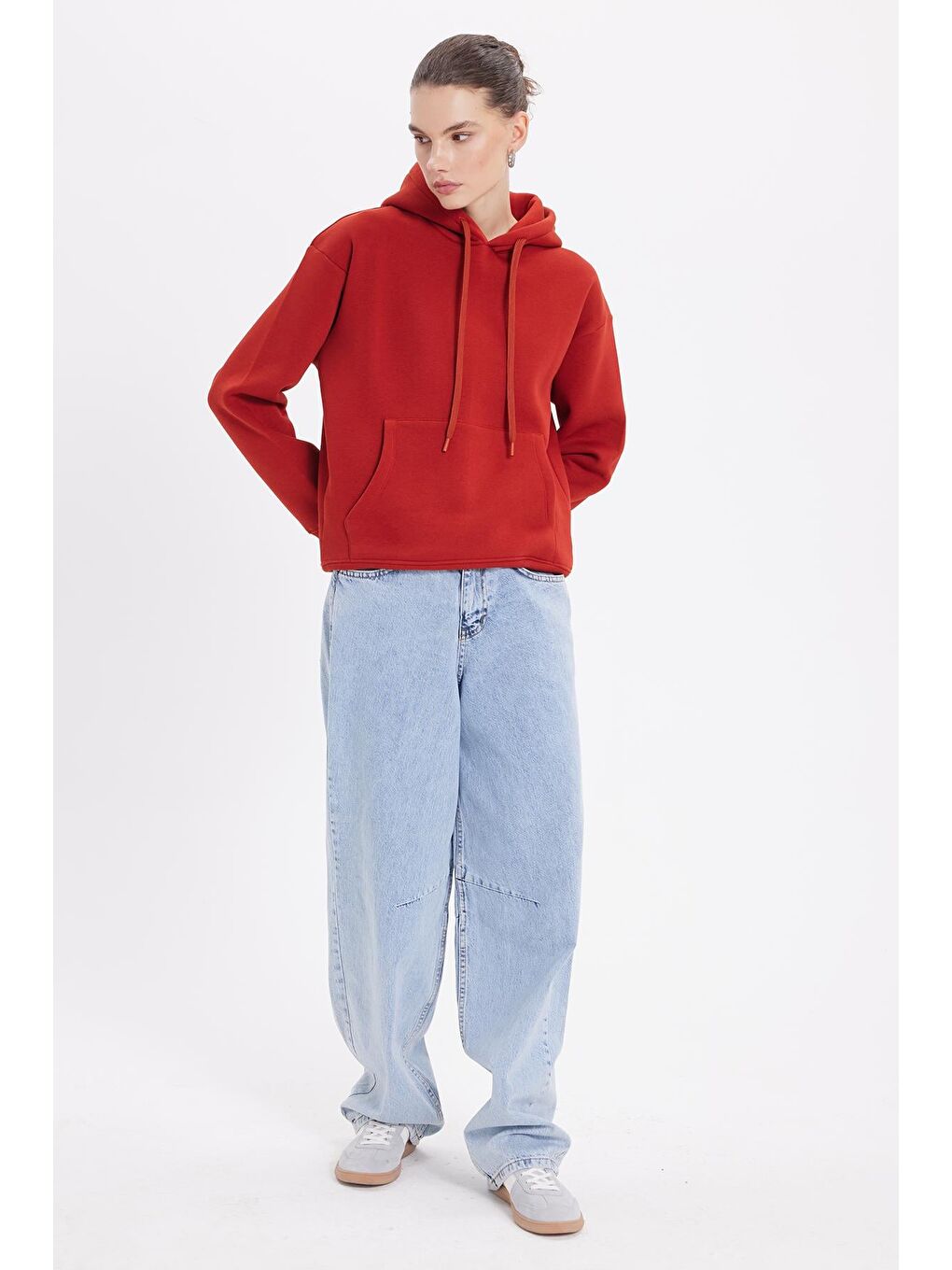 Kahverengi Kadın Oversize Geniş Kesim Pamuklu Yumuşak Dokulu İçi Polarlı Basic Kiremit Kapüşonlu Sweatshirt-3