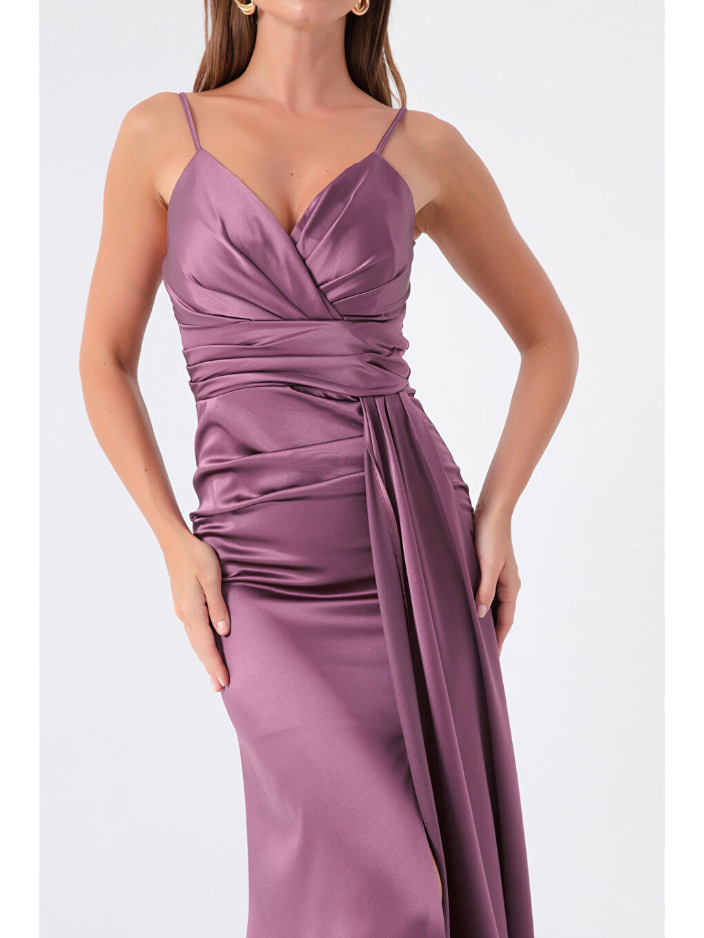 Lila Kadın Lavanta Askılı Uzun Saten Abiye Elbise & Mezuniyet Elbisesi-3