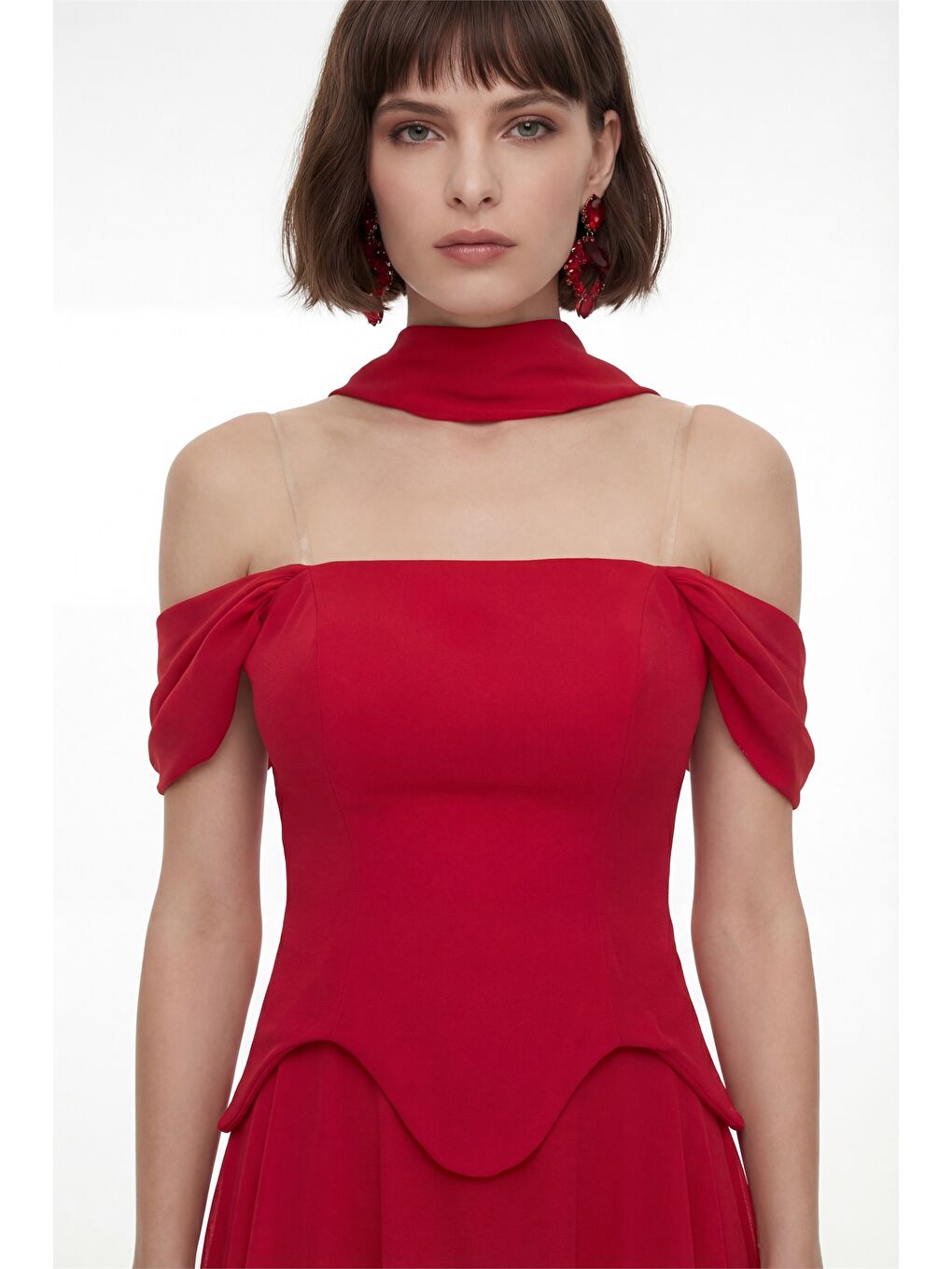 Kadın Kırmızı Dar Kalıp Şal Yaka Straplez Söz Nişan Abiye Elbise-2