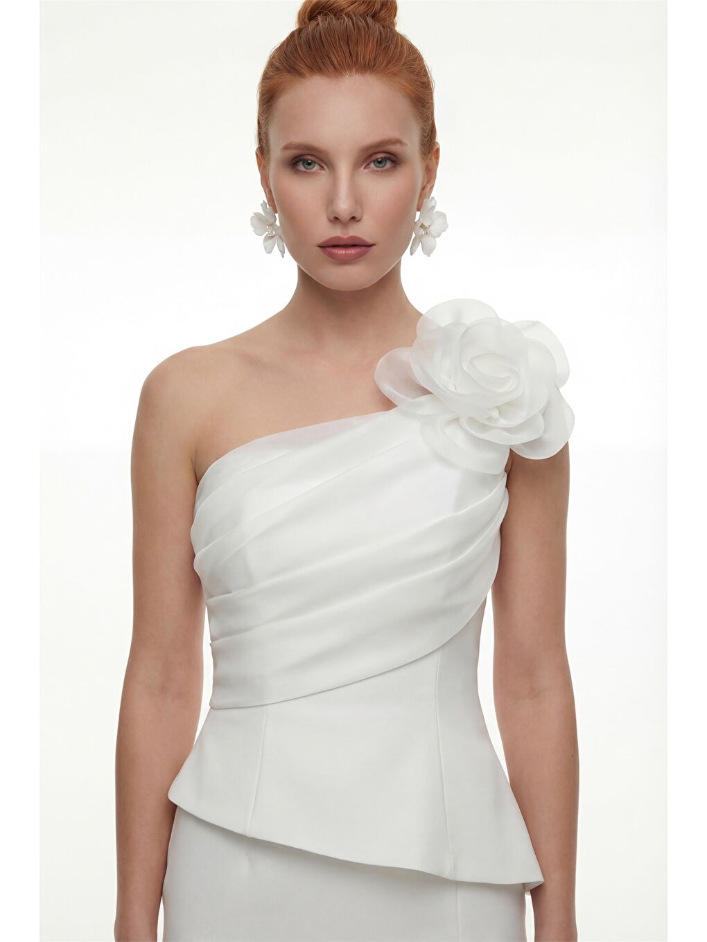 Kadın Beyaz Çiçek Detaylı Midi Söz Nişan Nikah Abiye Elbise-2