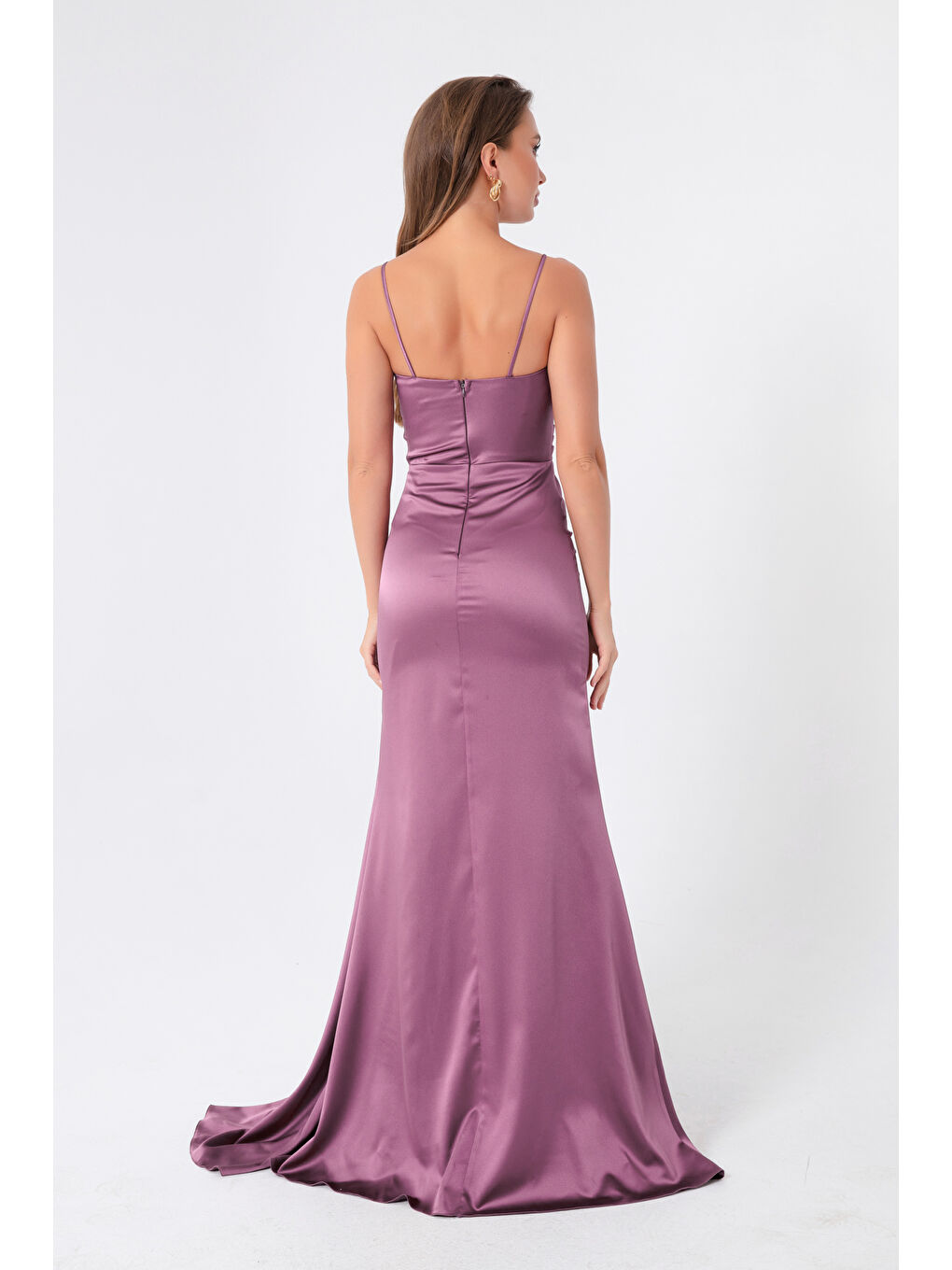 Lila Kadın Lavanta Askılı Uzun Saten Abiye Elbise & Mezuniyet Elbisesi-4