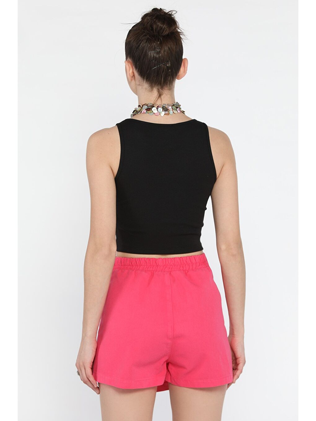Fuşya Kadın Fermuarlı Bel Lastikli Gabardin Şort Etek-2