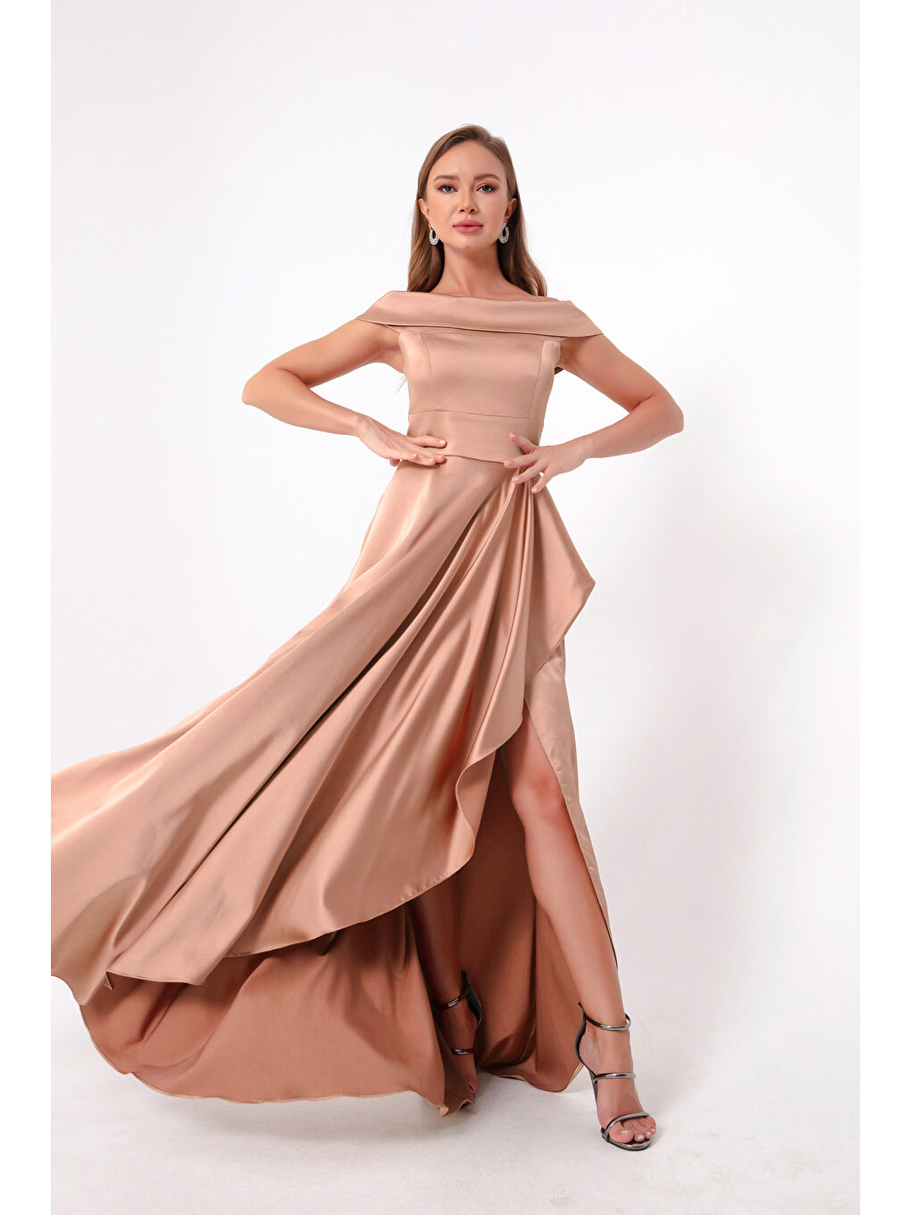 Pembe Kadın Pudra Kayık Yaka Saten Abiye & Mezuniyet Elbisesi-2
