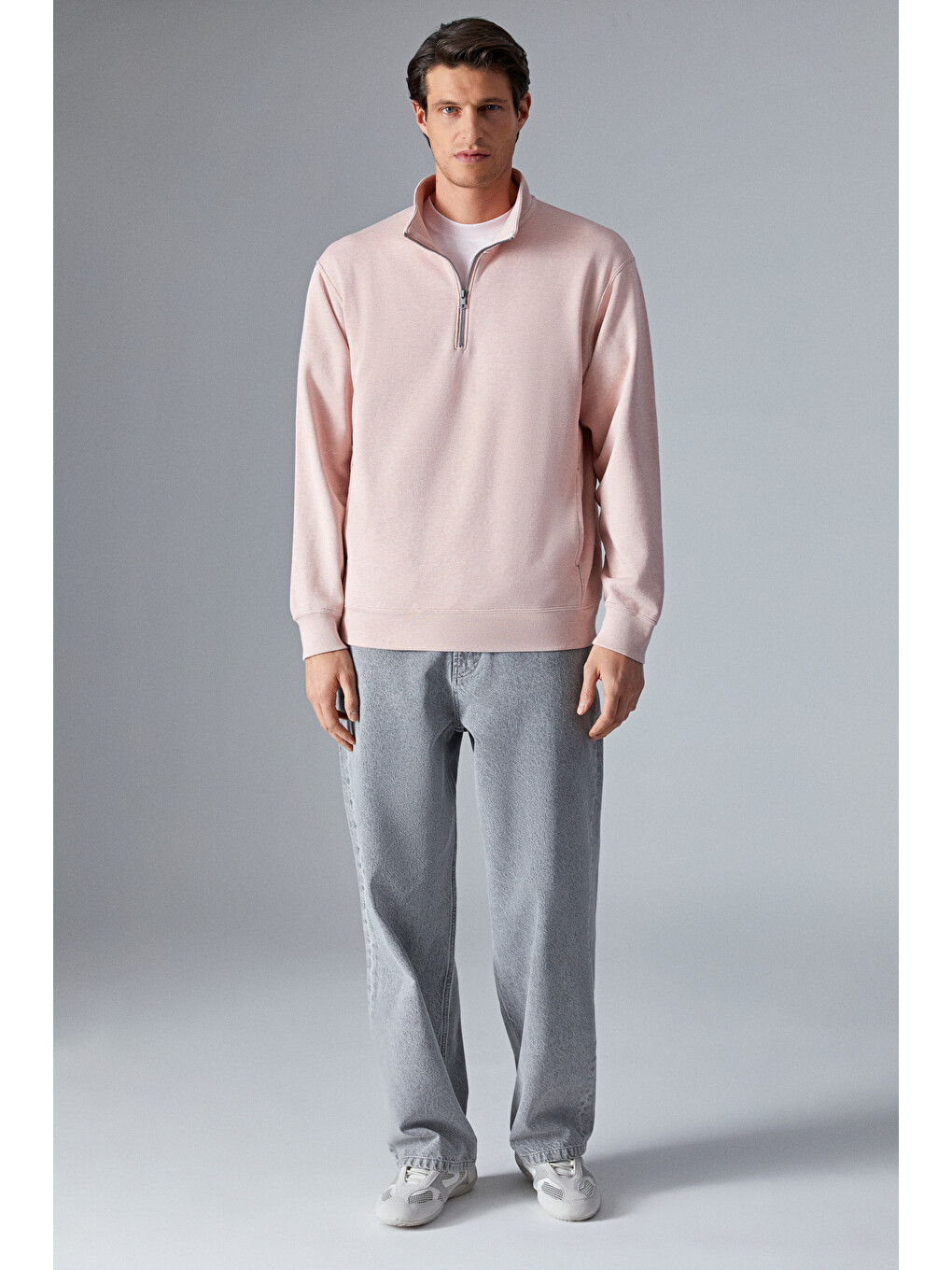 Nestor Erkek Relaxed Fit Dik Yakalı Yarım Fermuarlı Uzun Kollu Pembe Sweatshirt-1